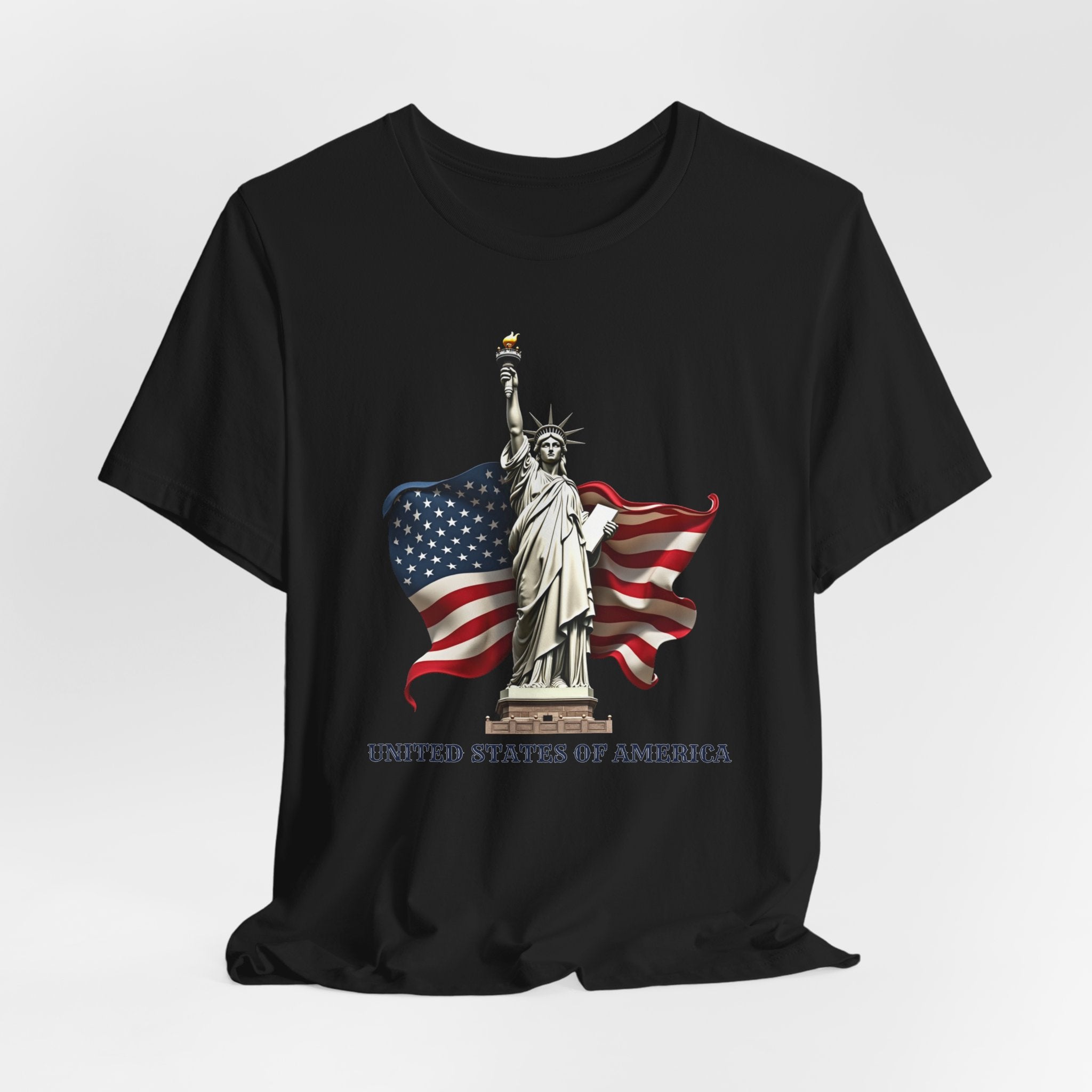 Black t-shirt with Statue of Liberty and American flag design on a white background