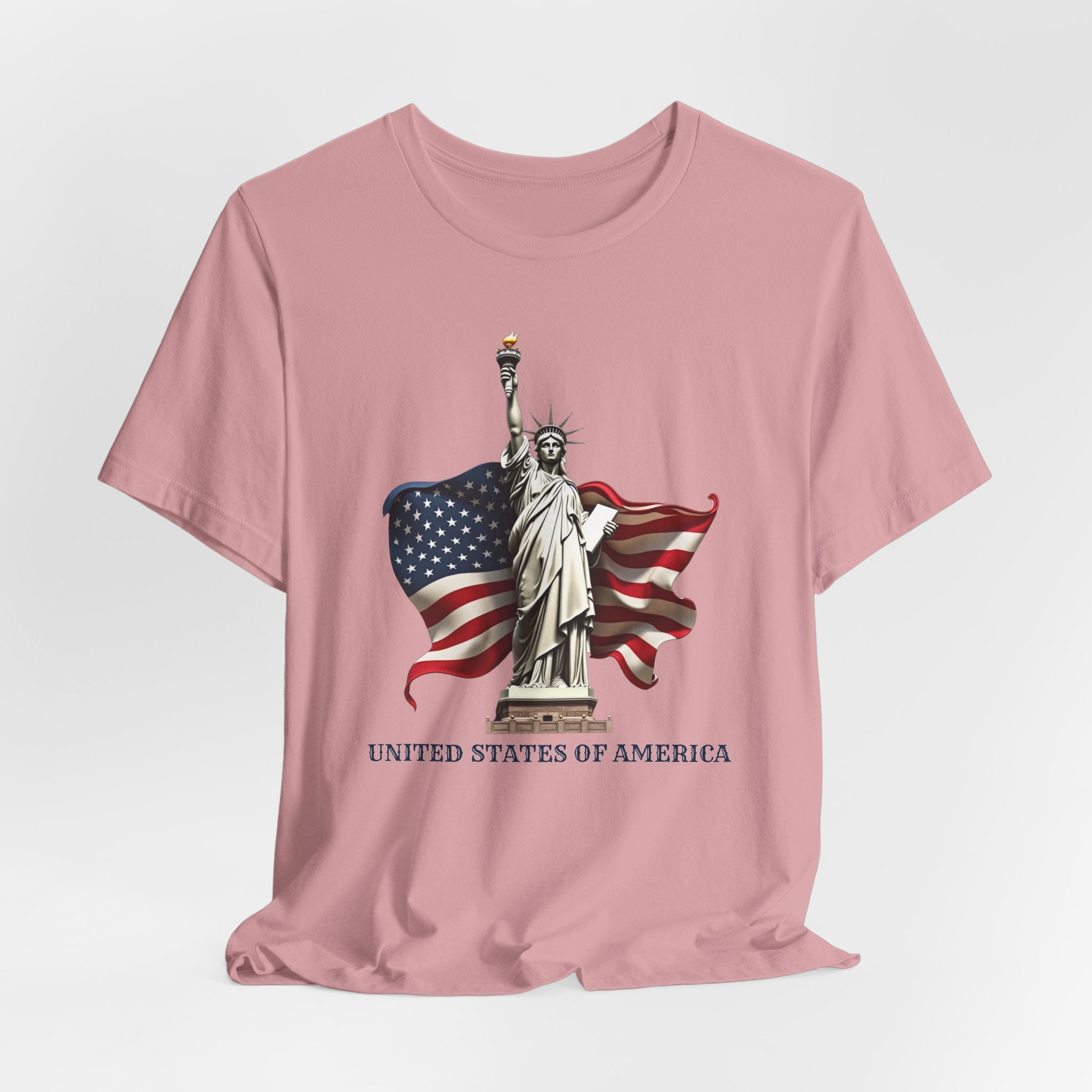 Orchid pink t-shirt with Statue of Liberty and American flag design on a white background
