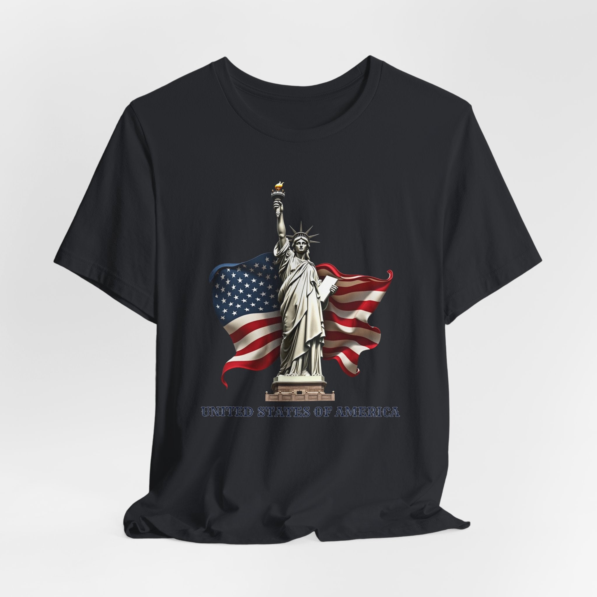 Vintage black t-shirt with Statue of Liberty and American flag design on a white background