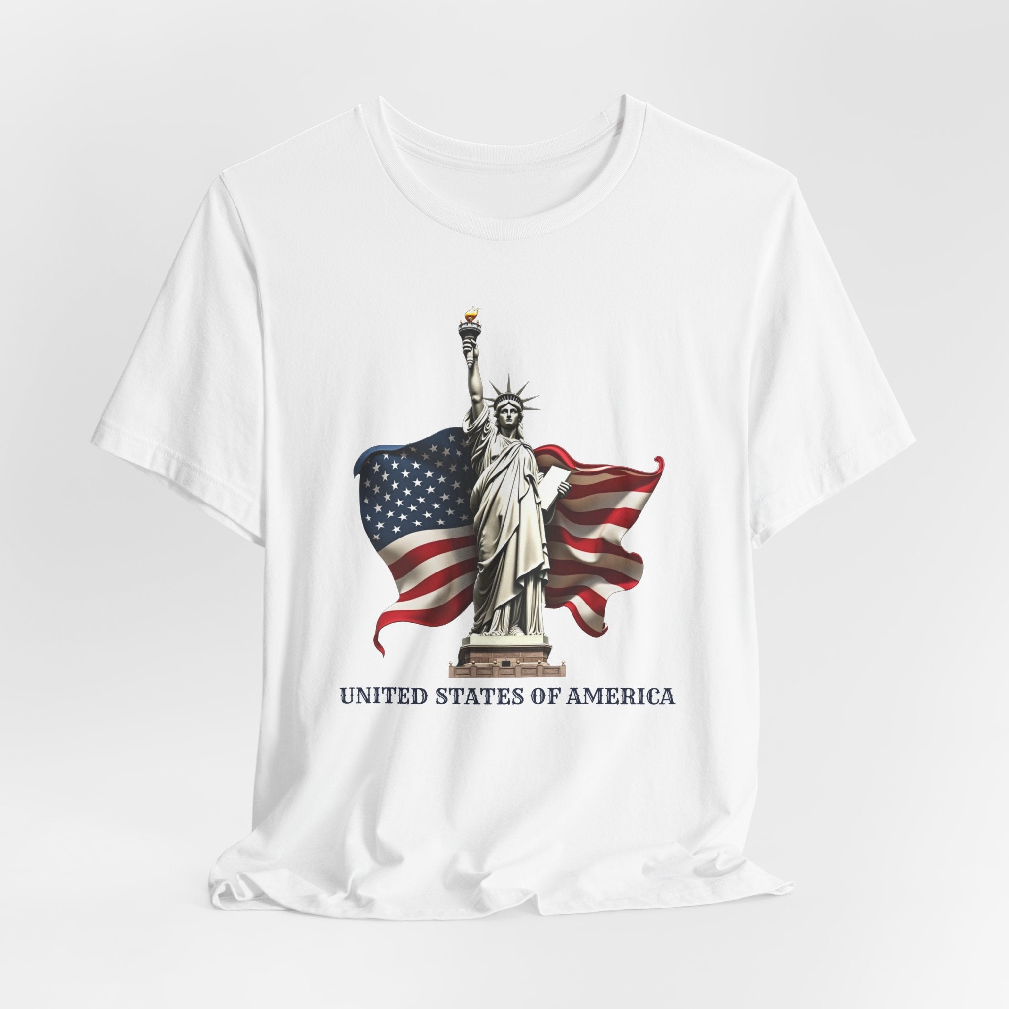 White t-shirt with Statue of Liberty and American flag design on a white background