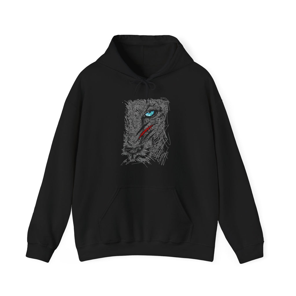Black hoodie with a unique design on a white background