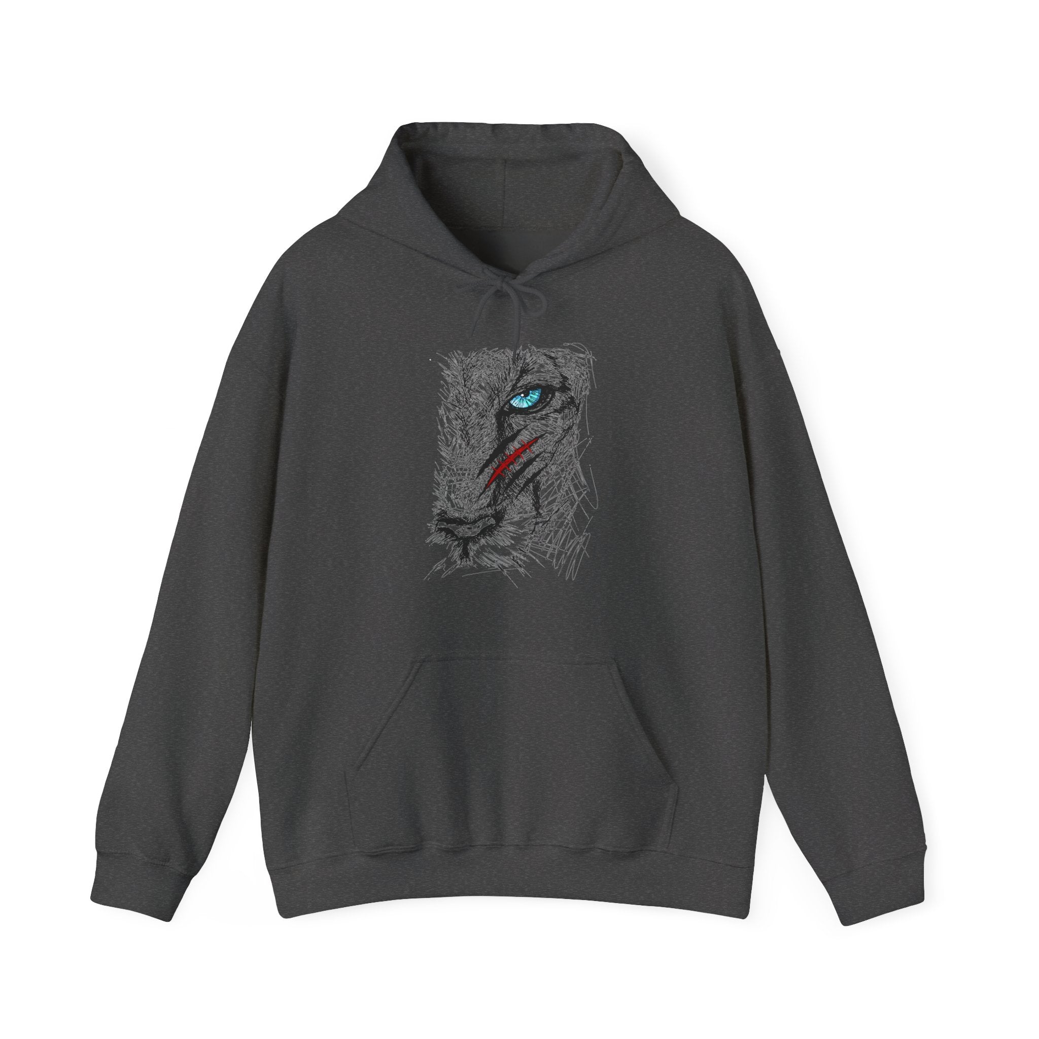 Dark gray hoodie with a graphic design on a white background