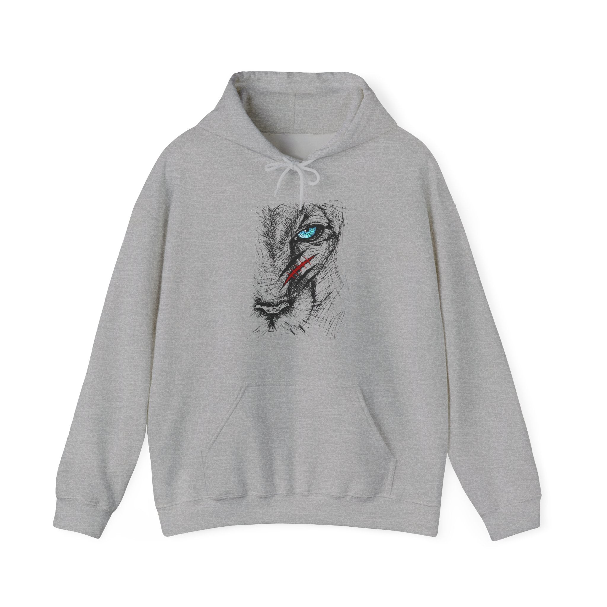 Gray hoodie with a wolf graphic on a white background