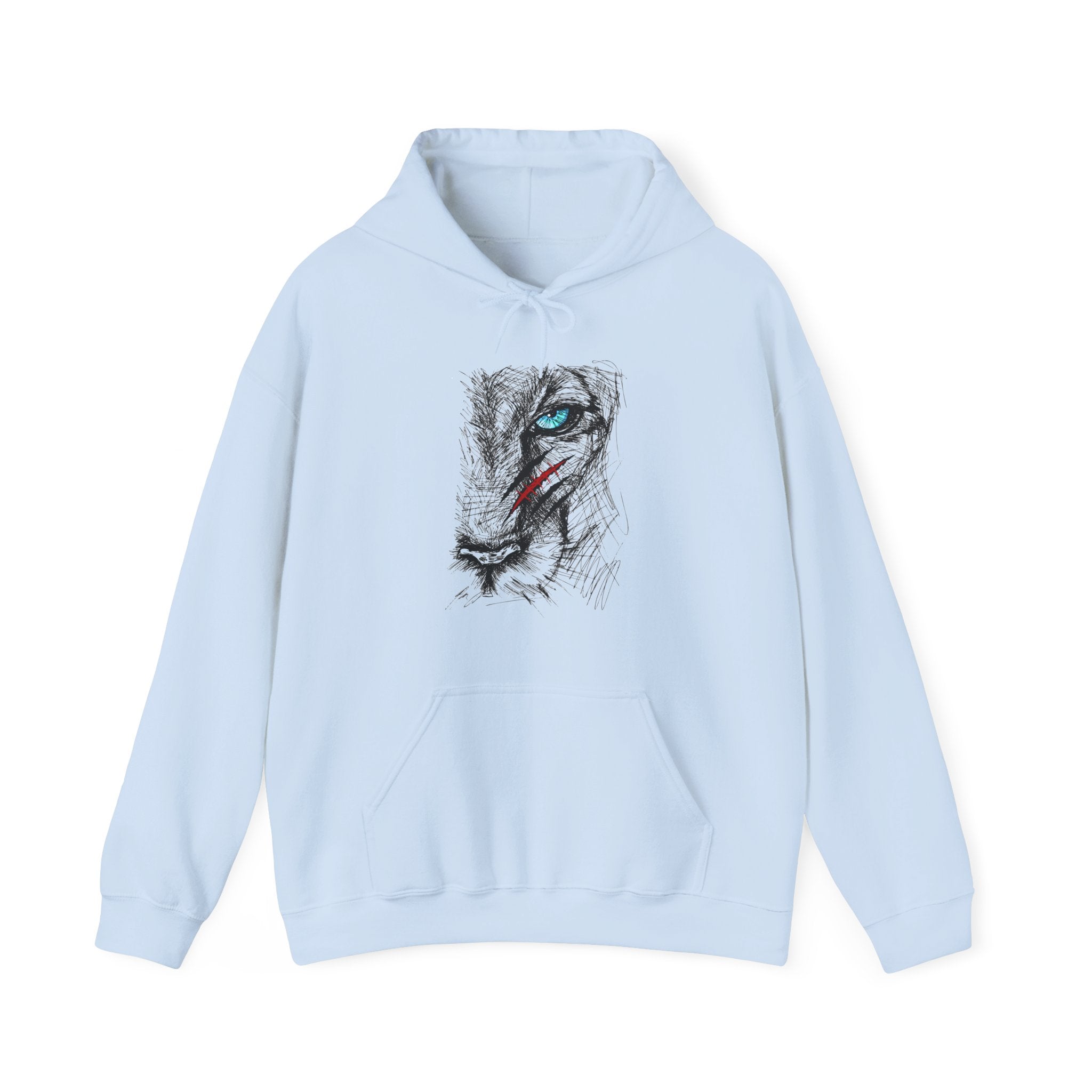 Light blue hoodie with a graphic design on a white background