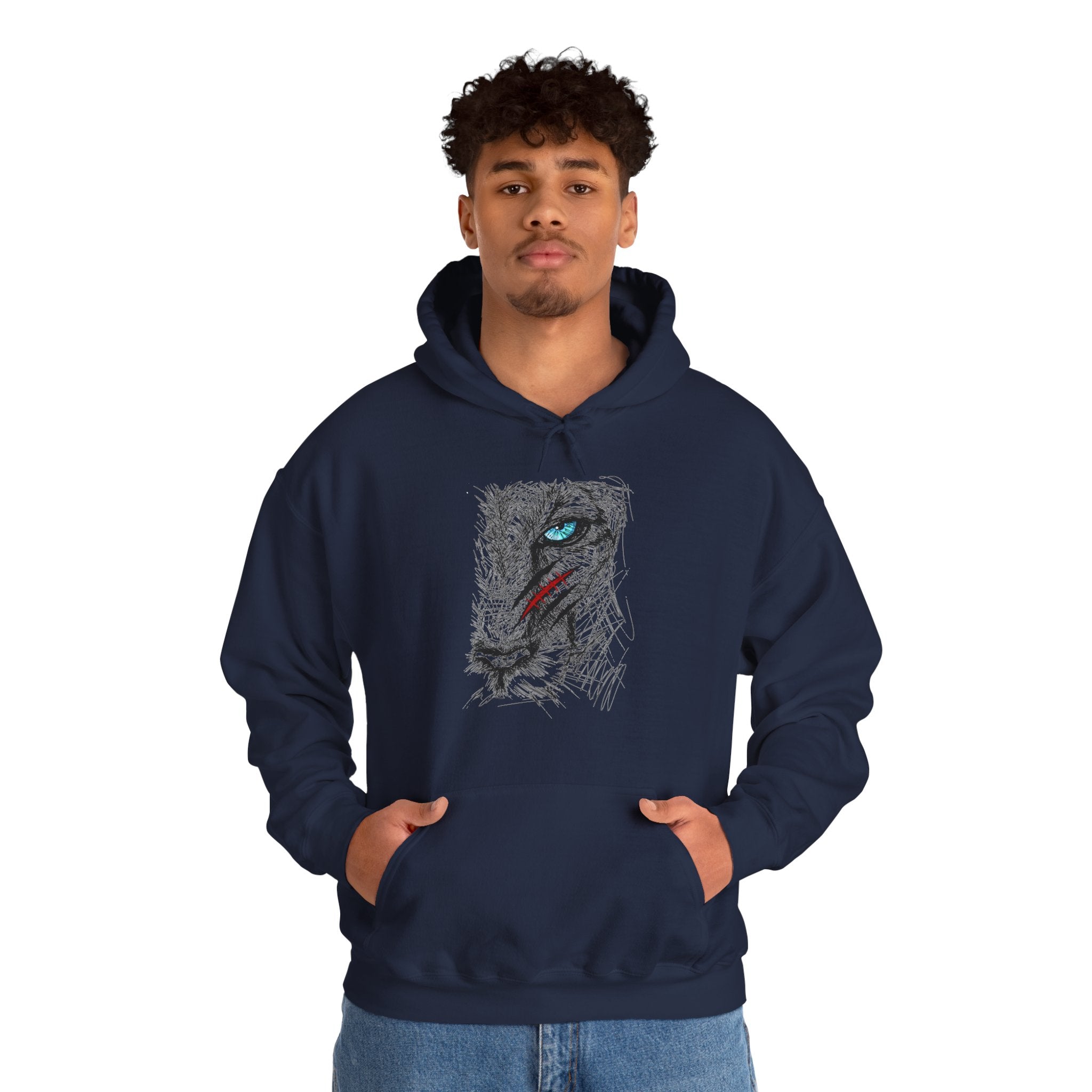 Person wearing a navy blue hoodie with a wolf graphic design on a white background