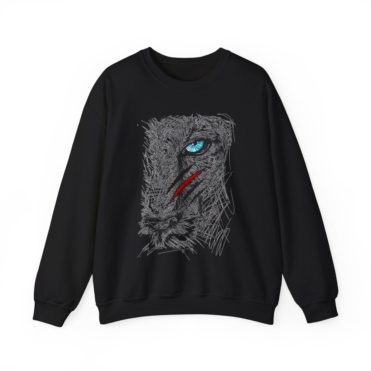 Black sweatshirt with a blue eye lion face with scratch wound graphic design on a white background