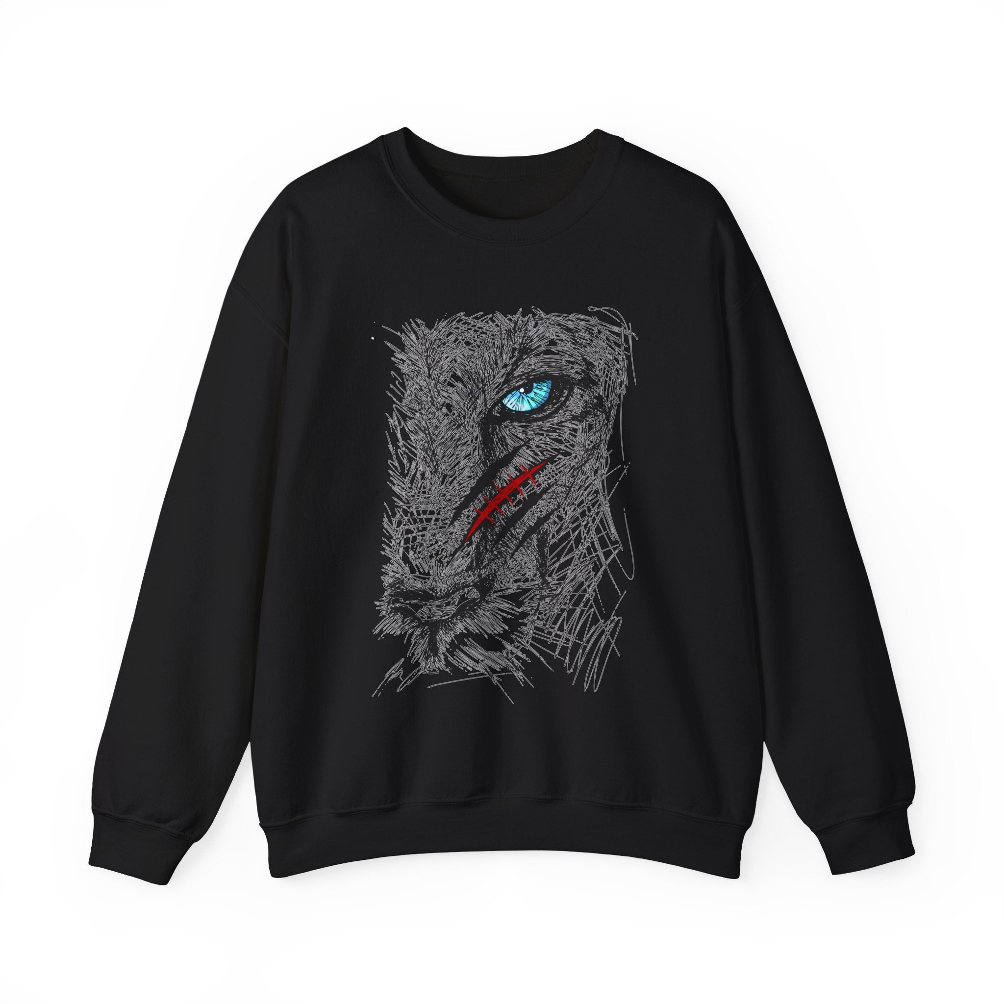Black sweatshirt with a blue eye lion face with scratch wound graphic design on a white background