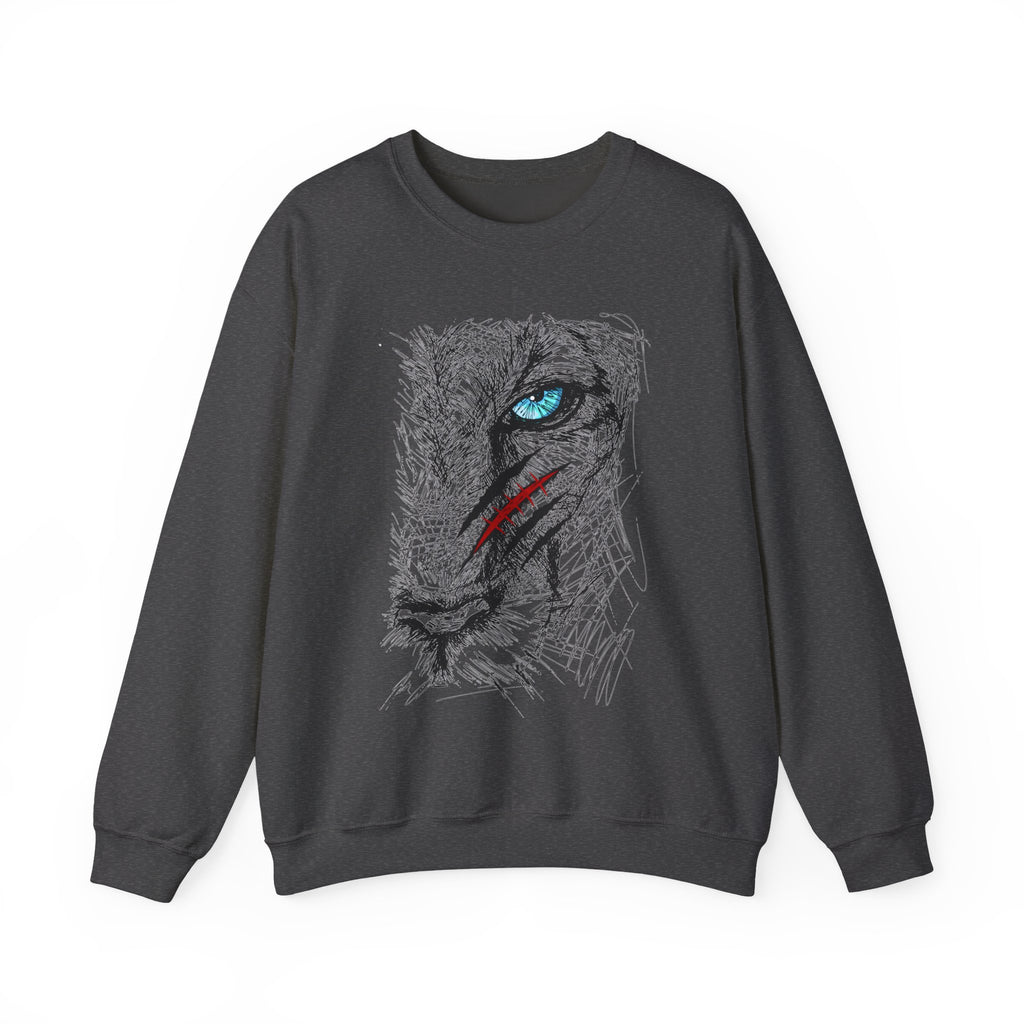Dark heather sweatshirt with a blue eye lion face with scratch wound graphic design on a white background