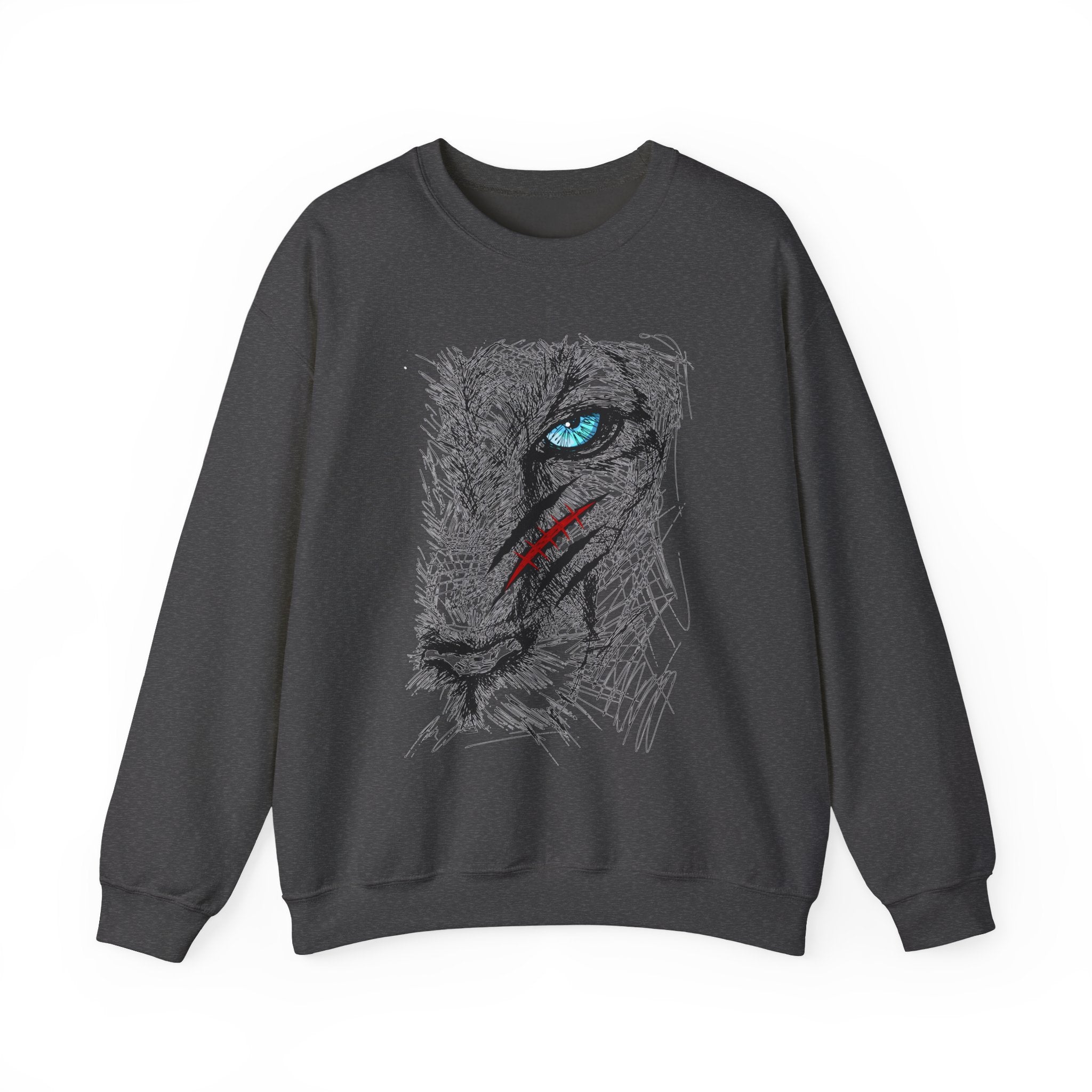 Dark heather sweatshirt with a blue eye lion face with scratch wound graphic design on a white background