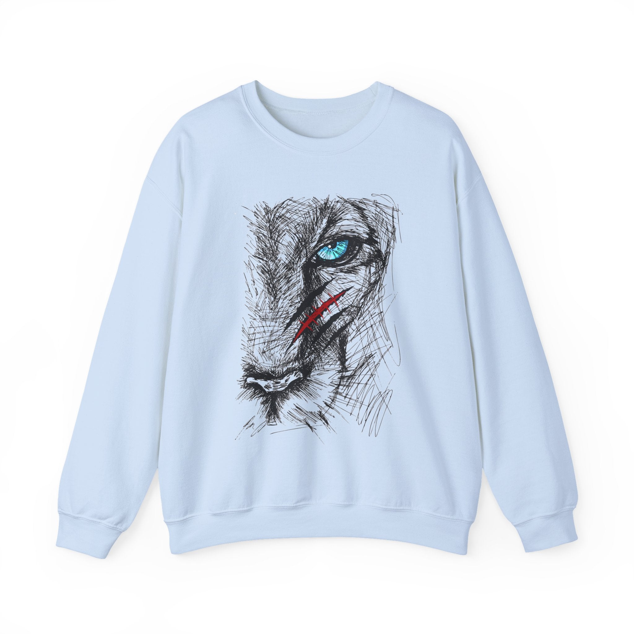 Light blue sweatshirt with a blue eye lion face with scratch wound graphic design on a white background