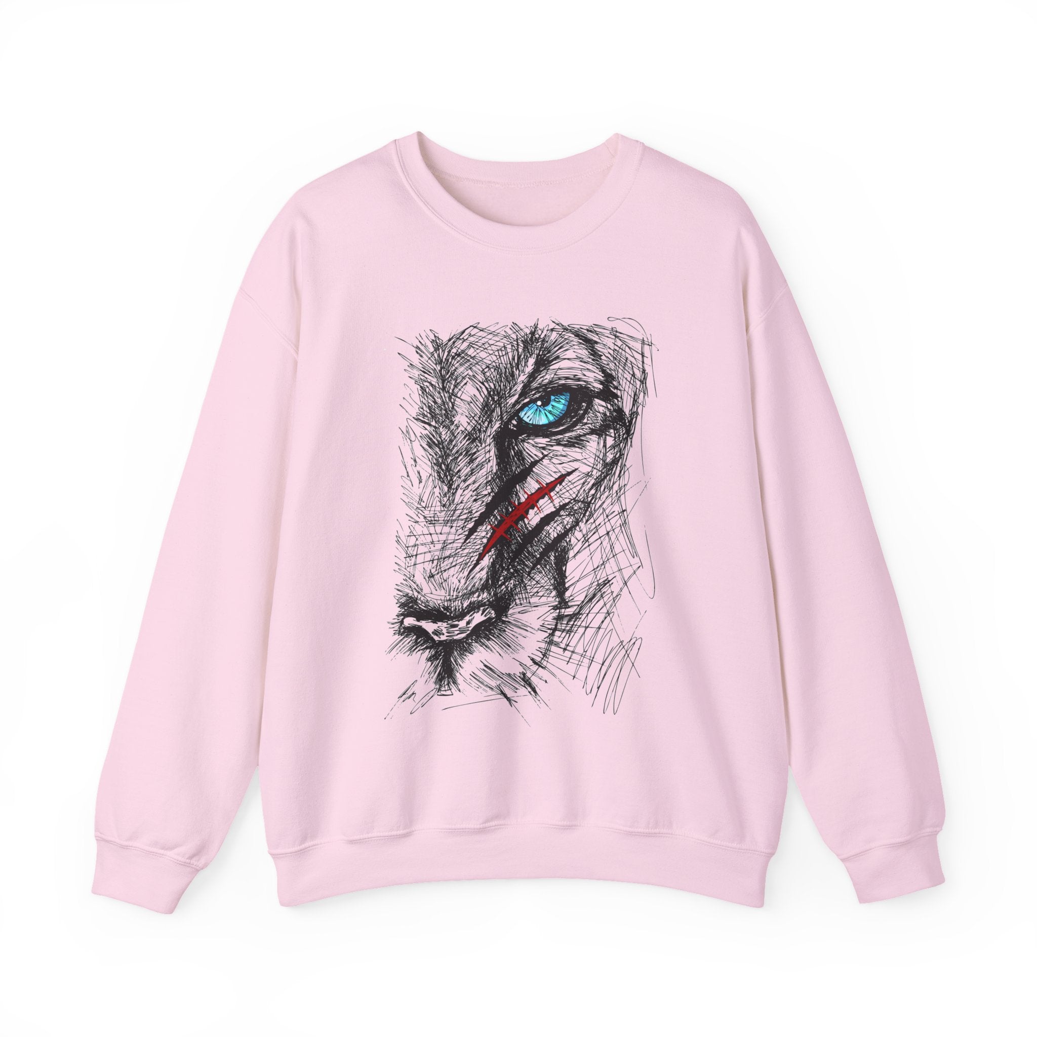 Light pink sweatshirt with a blue eye lion face with scratch wound graphic design on a white background