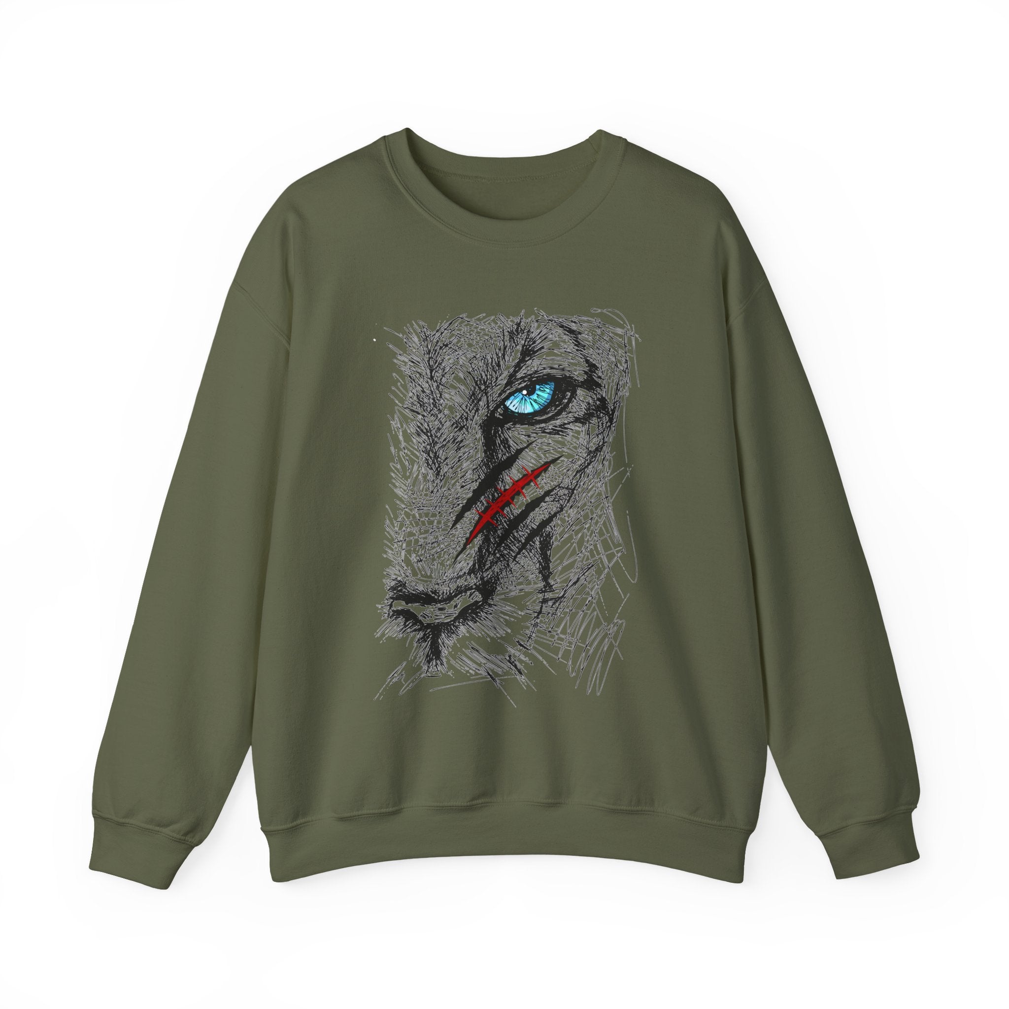 Military green sweatshirt with a blue eye lion face with scratch wound graphic design on a white background