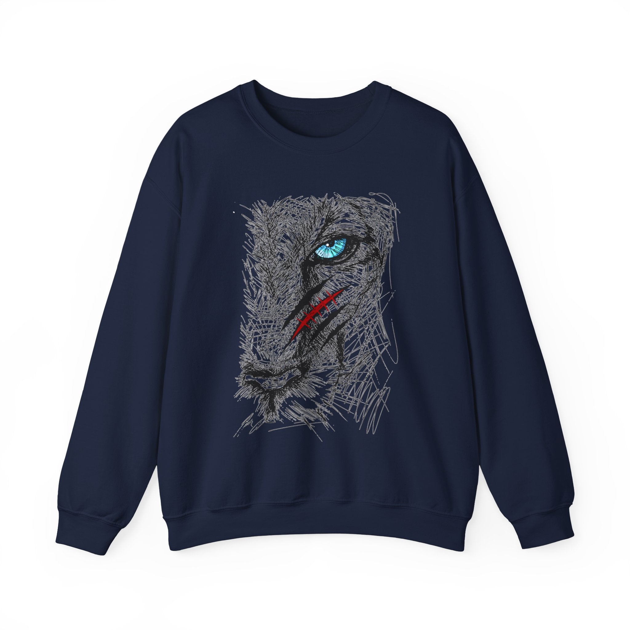 Navy blue sweatshirt with a blue eye lion face with scratch wound graphic design on a white background