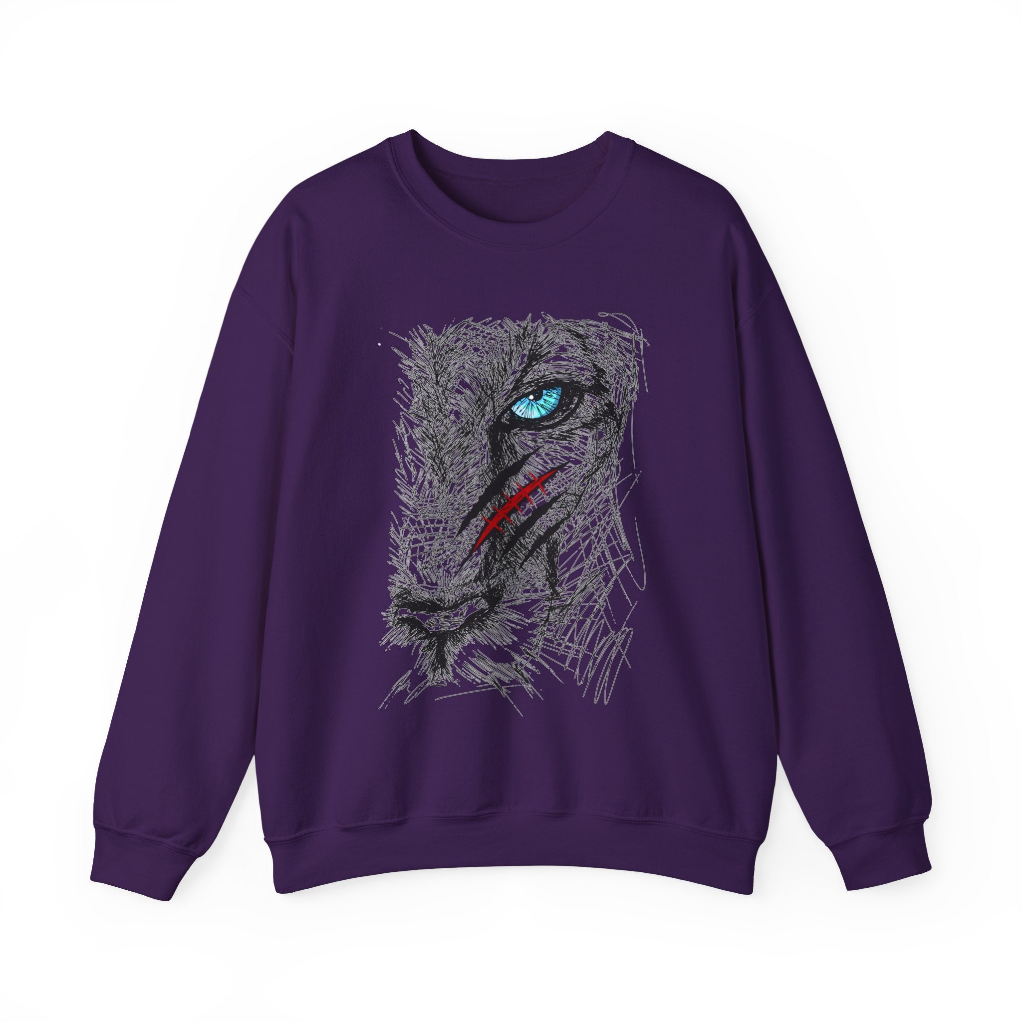 Purple sweatshirt with a blue eye lion face with scratch wound graphic design on a white background