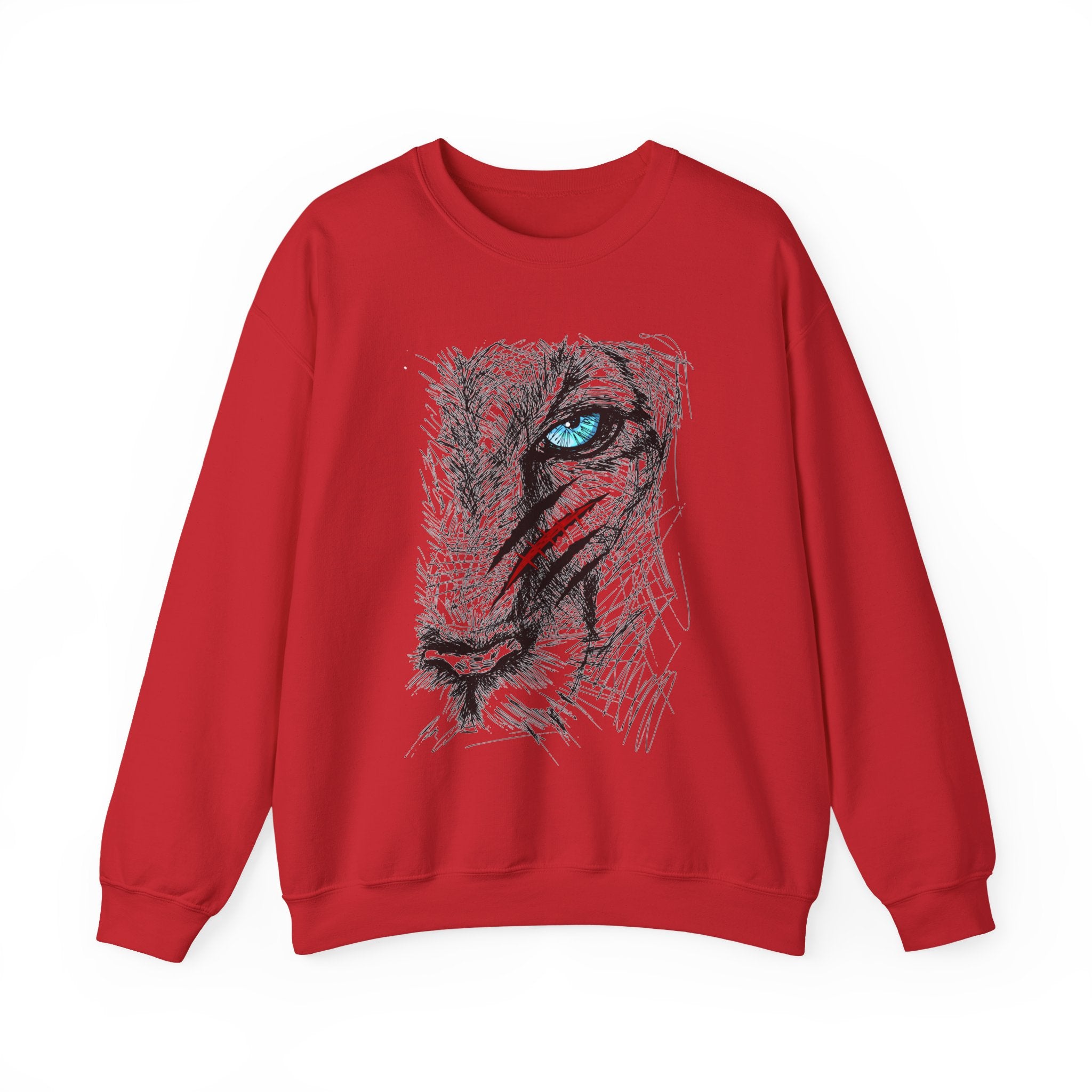 Red sweatshirt with a blue eye lion face with scratch wound graphic design on a white background