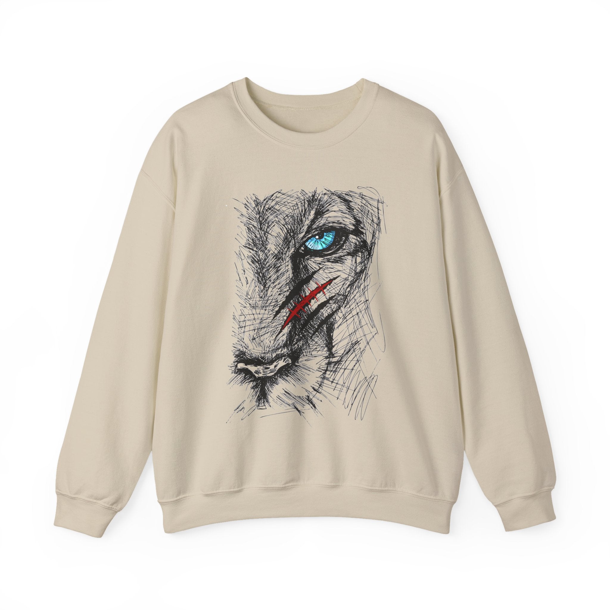Beige sweatshirt with a blue eye lion face with scratch wound graphic design on a white background