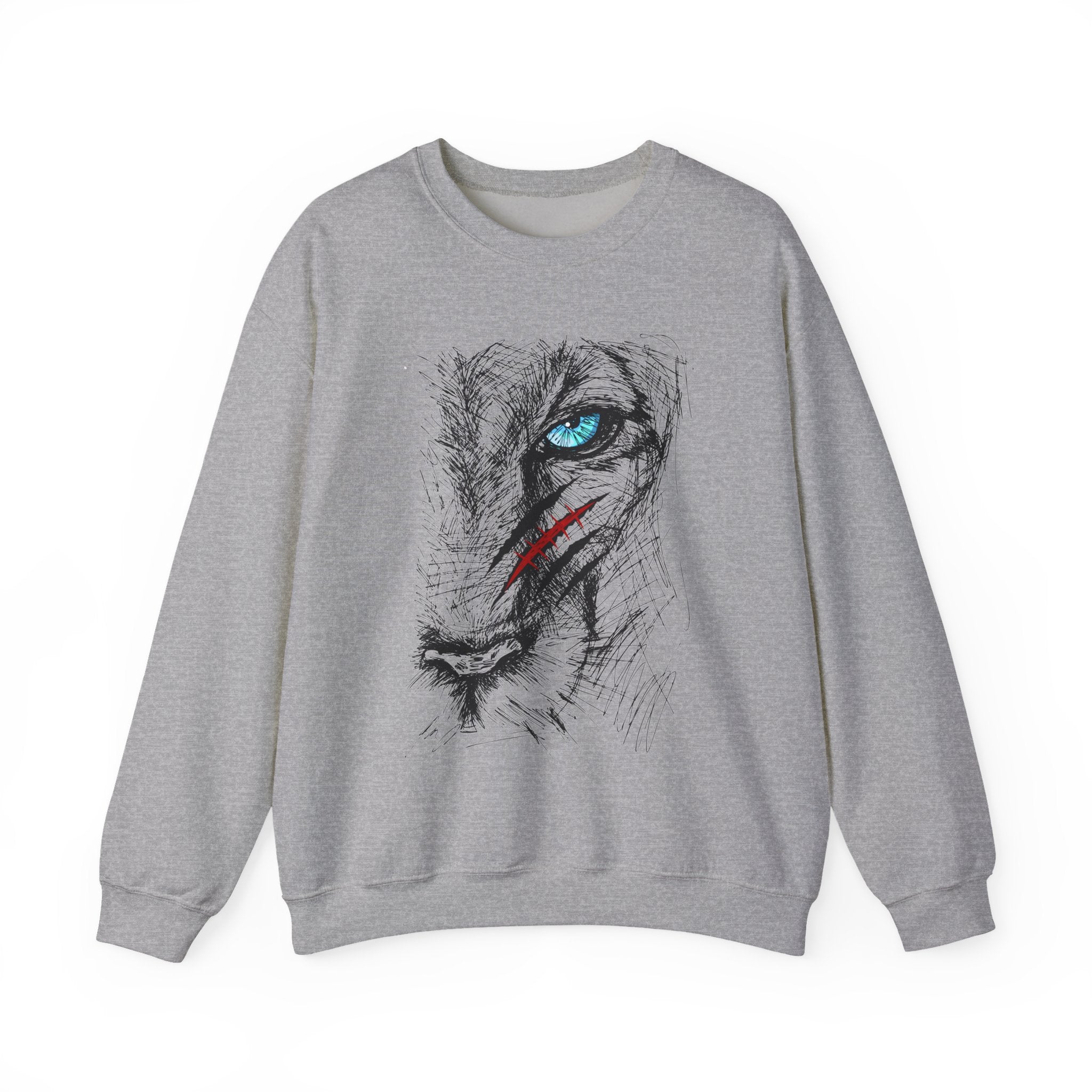 Gray sweatshirt with a blue eye lion face with scratch wound graphic design on a white background