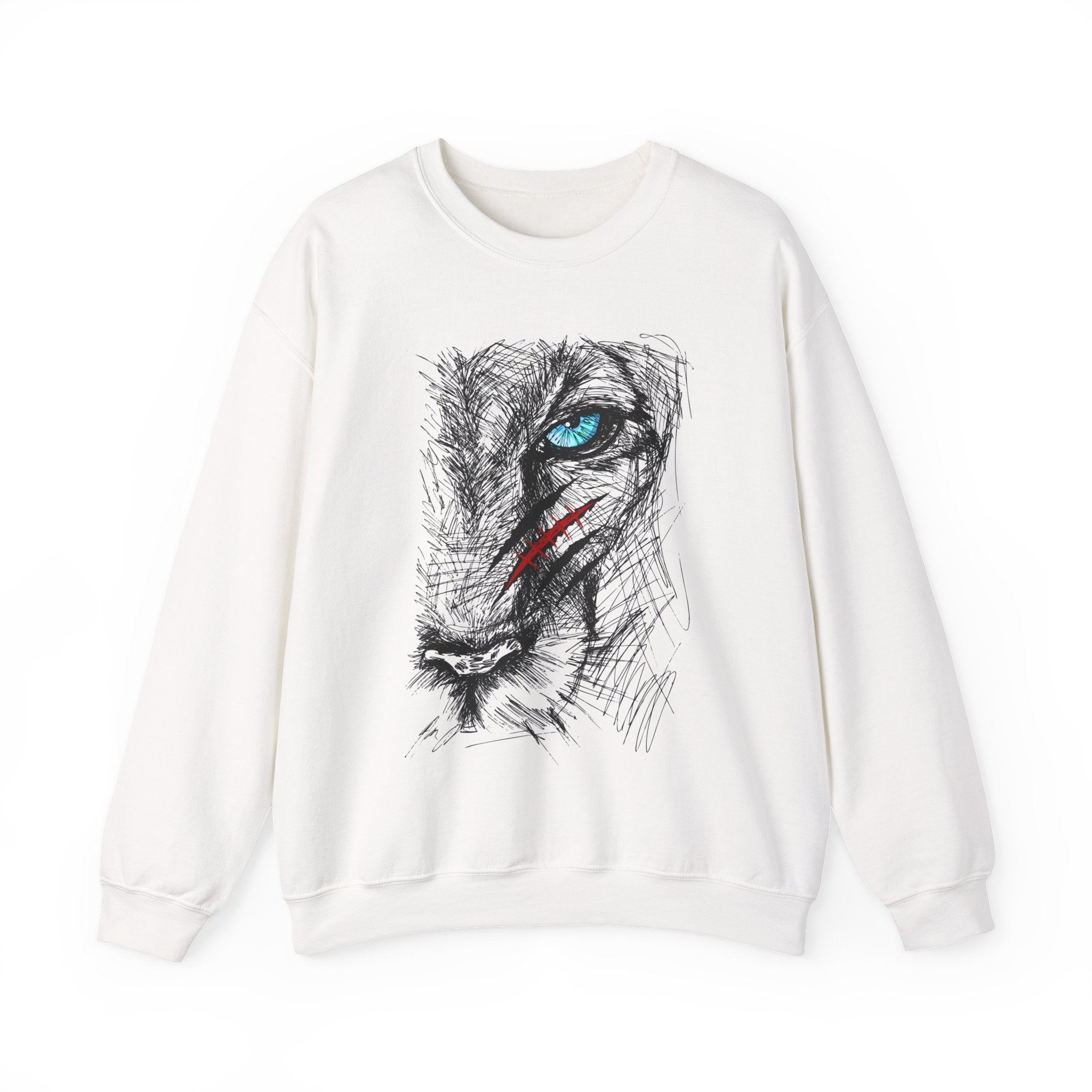 White sweatshirt with a blue eye lion face with scratch wound graphic design on a white background