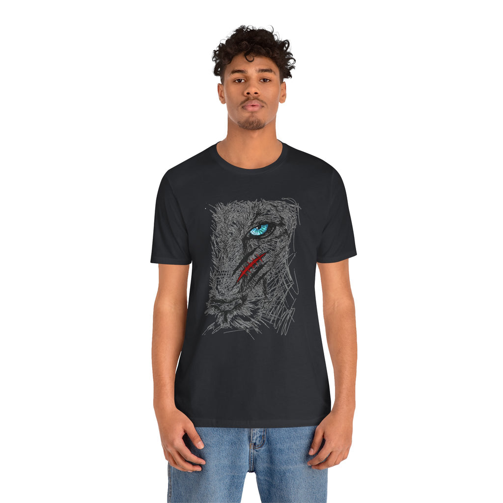Person wearing a black t-shirt with a graphic design on a white background