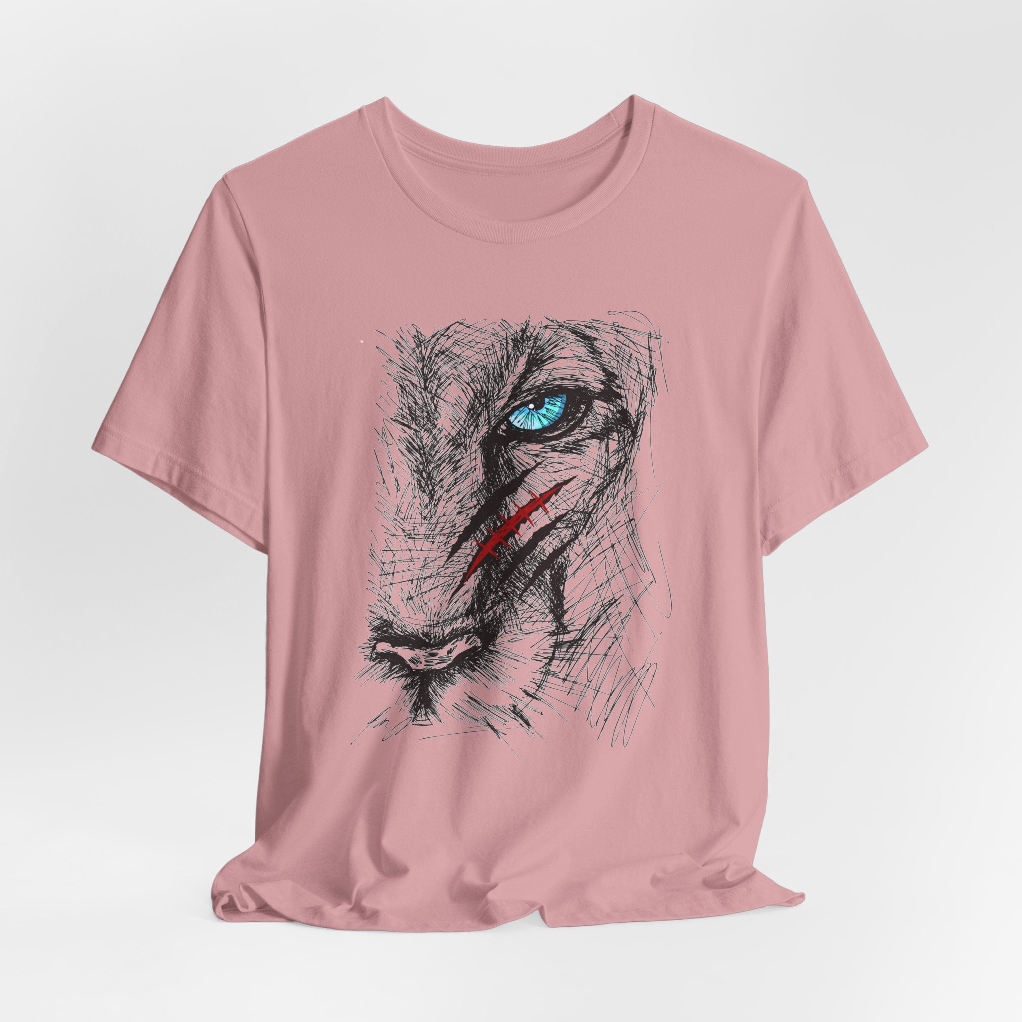 Orchid pink t-shirt with a graphic of a wounded lion's face with a blue eye