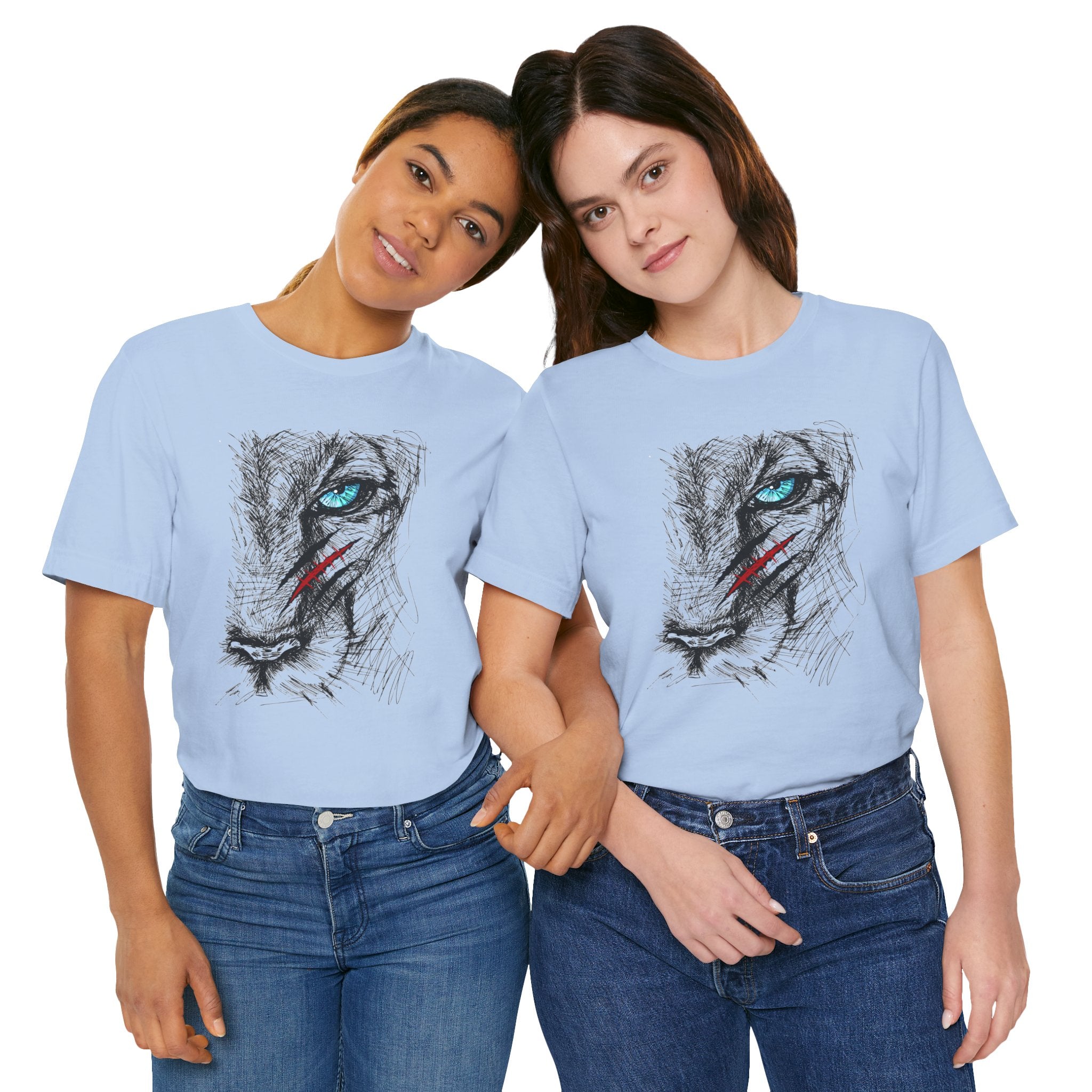 Two people wearing light blue t-shirts with a graphic of a tiger's face.
