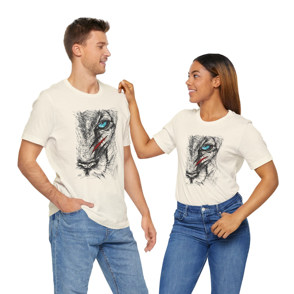 Two people wearing matching t-shirts with a graphic design on a white background