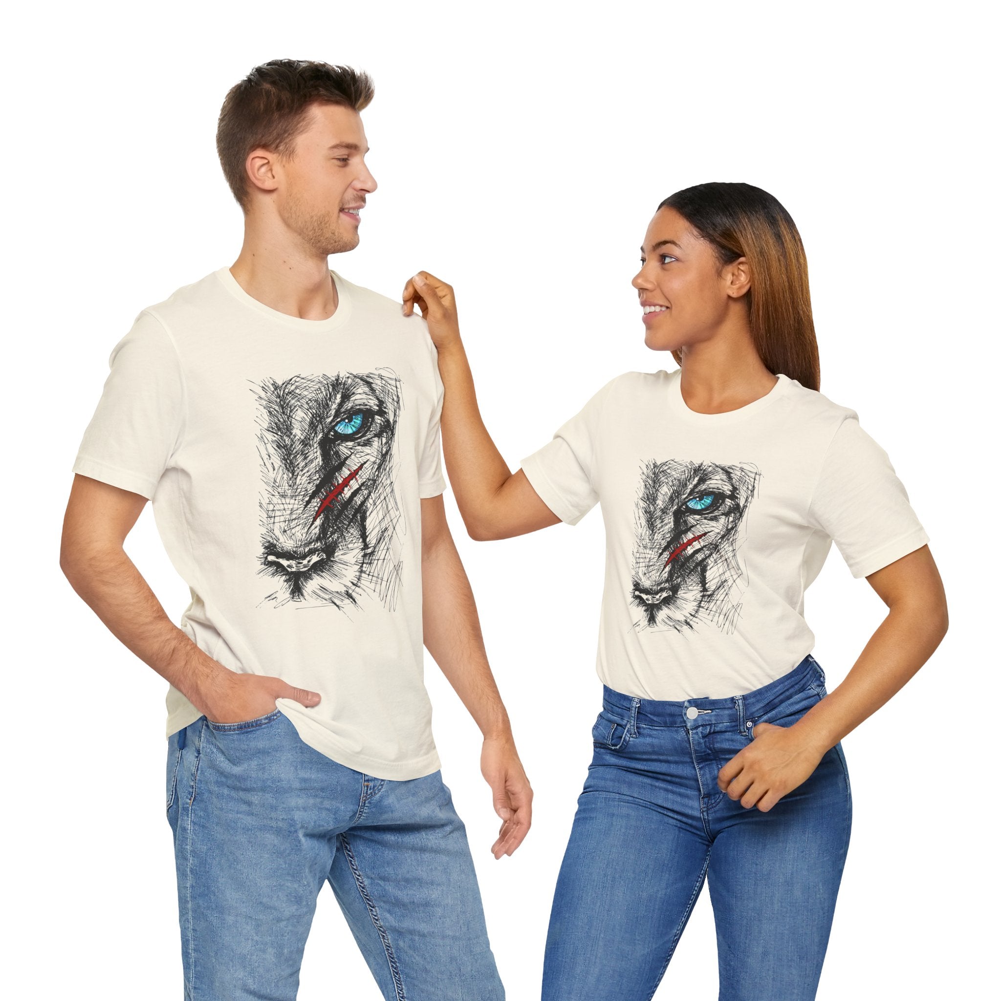 Two people wearing matching t-shirts with a graphic design on a white background