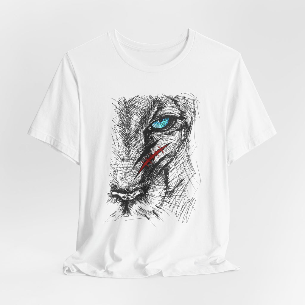 White t-shirt with a graphic of a wounded lion's face with a blue eye 