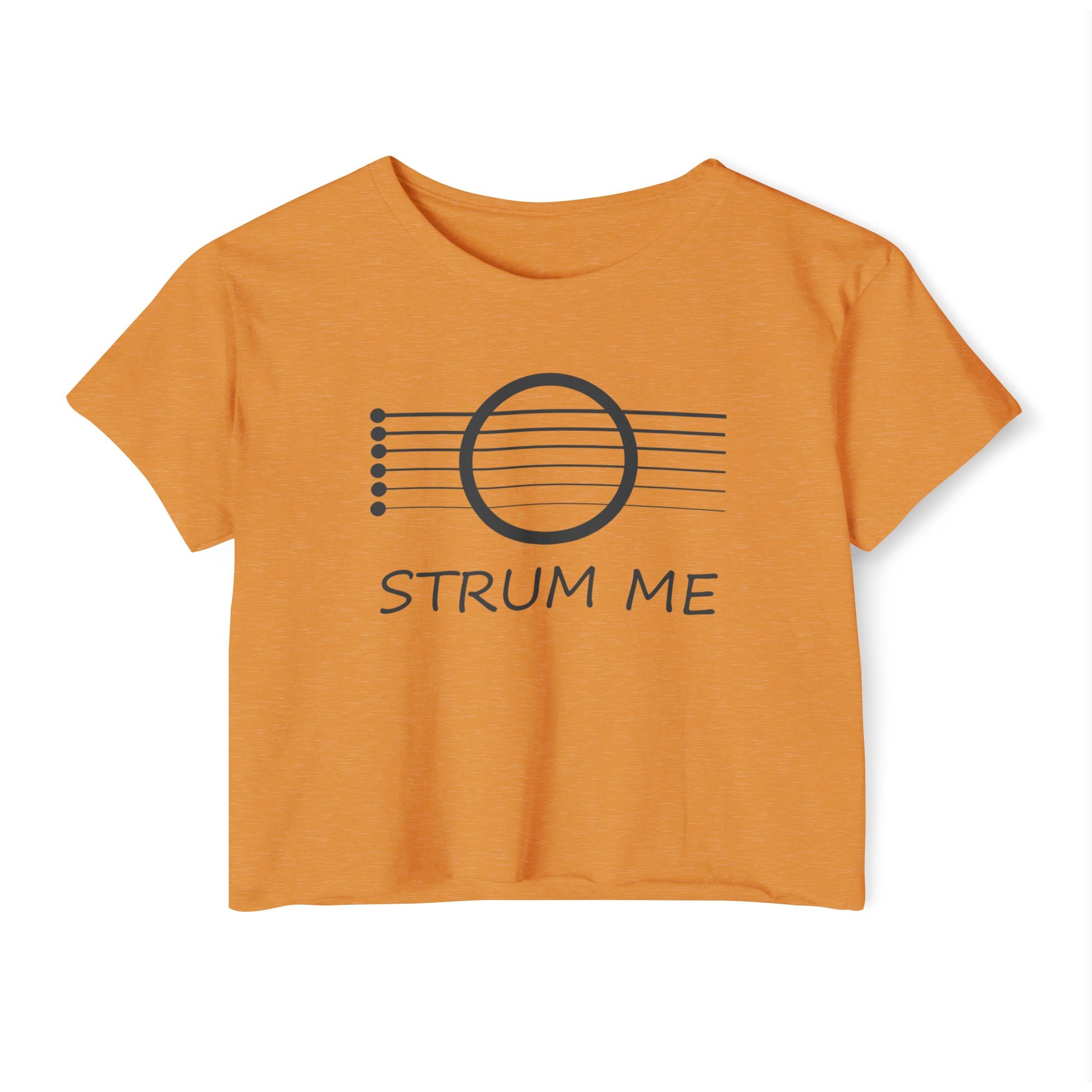 Antique gold orange t-shirt with 'STRUM ME' design on a white background