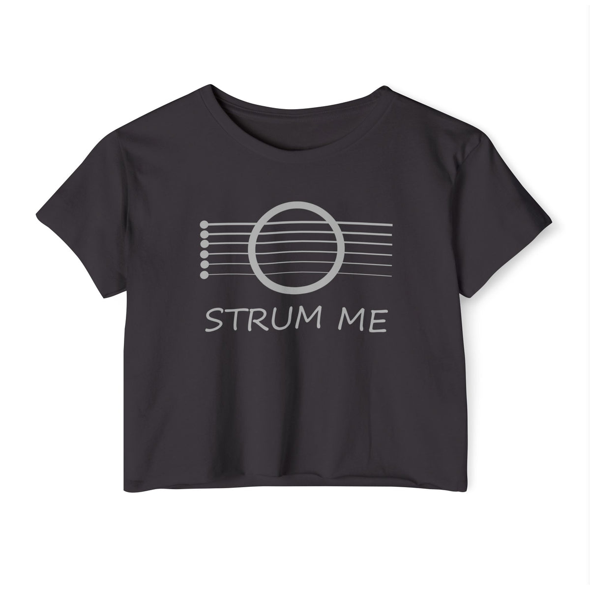 Black t-shirt with 'STRUM ME' text and musical note design on a white background