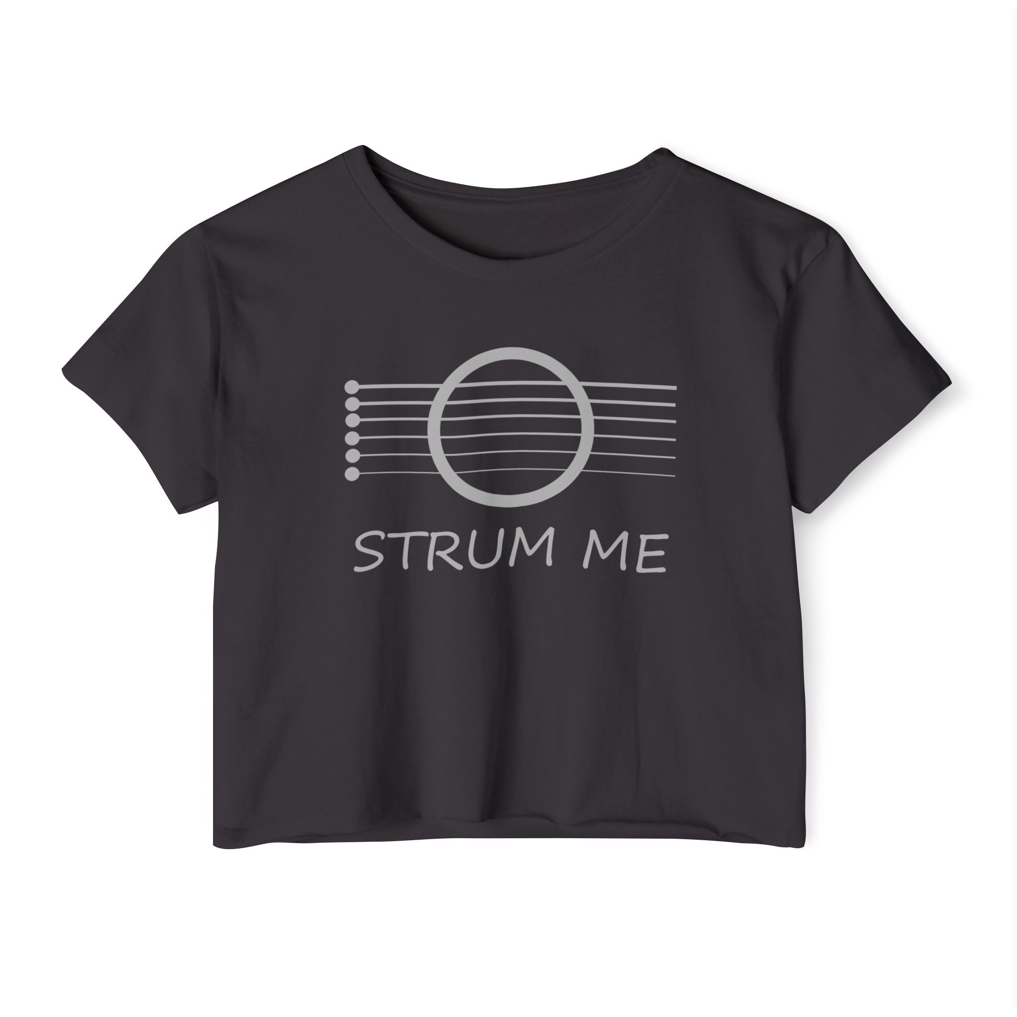 Black t-shirt with 'STRUM ME' text and musical note design on a white background