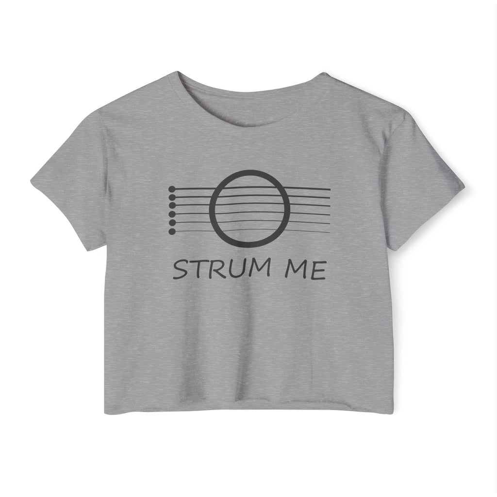 Gray t-shirt with musical note design and 'STRUM ME' text on a white background