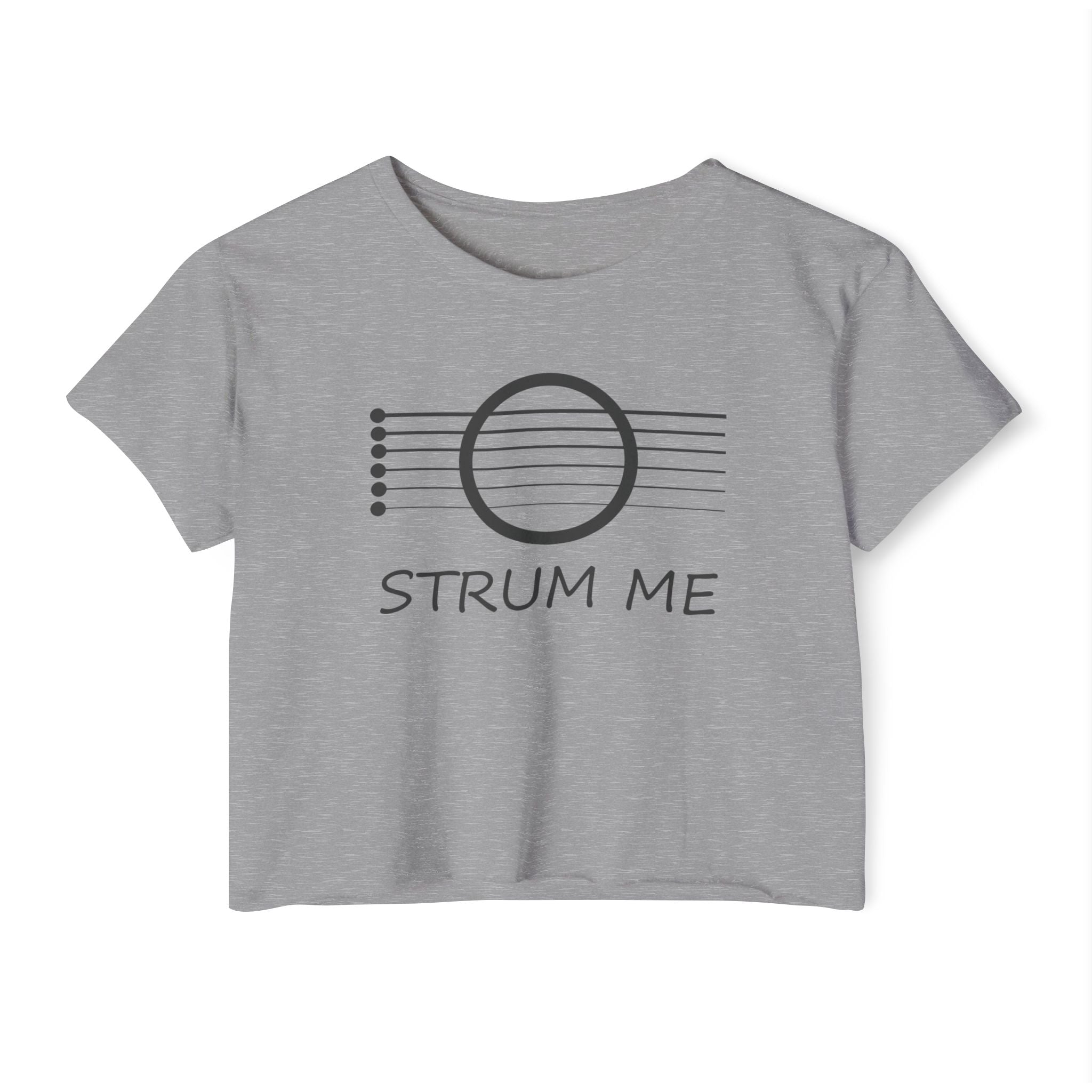 Gray t-shirt with musical note design and 'STRUM ME' text on a white background