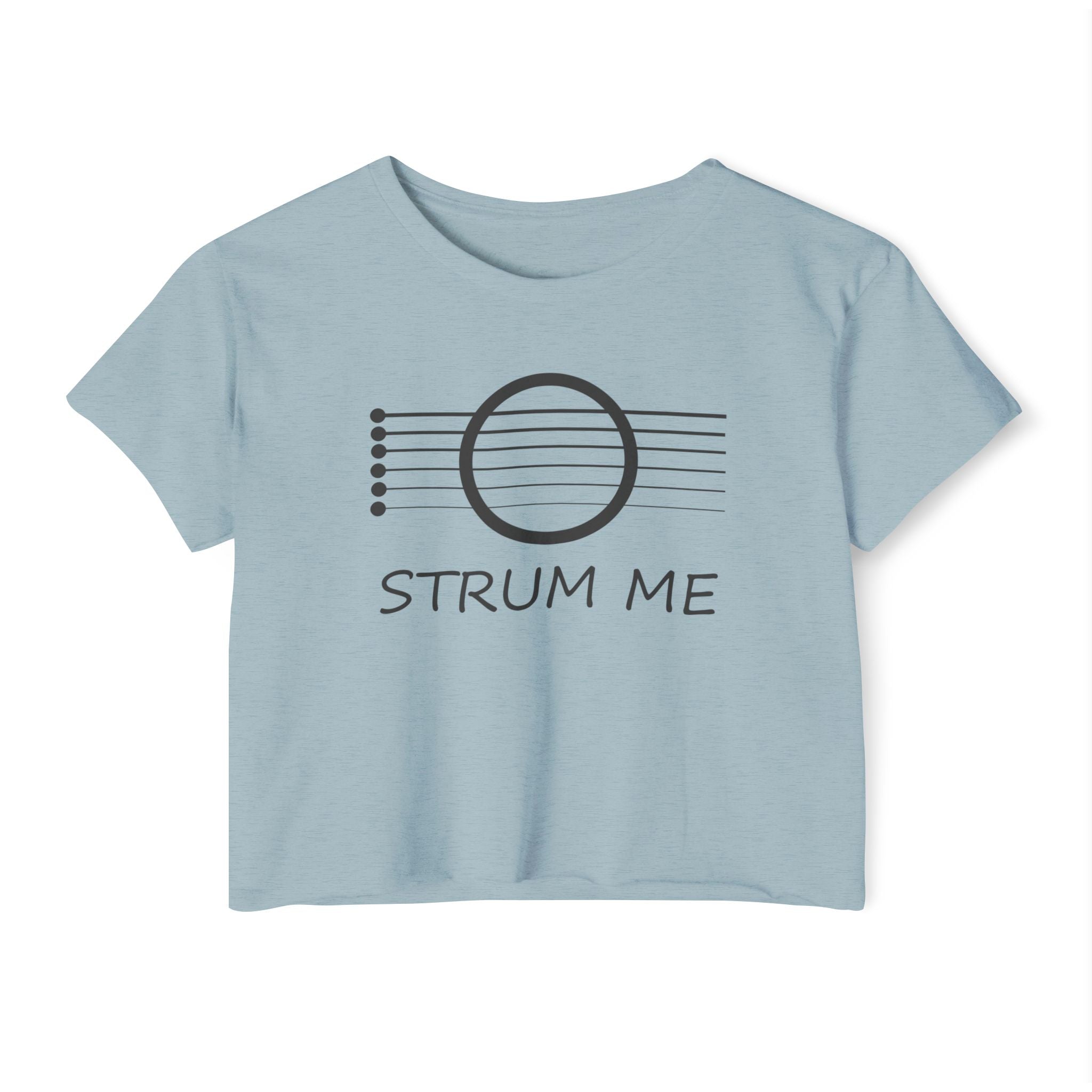 Stonewash denim light blue t-shirt with musical note design and 'STRUM ME' text on a white background