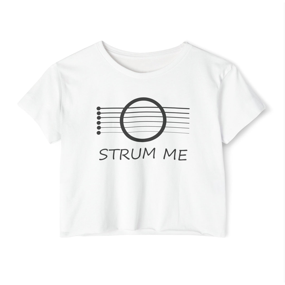 White t-shirt with black graphic and 'STRUM ME' text on a white background