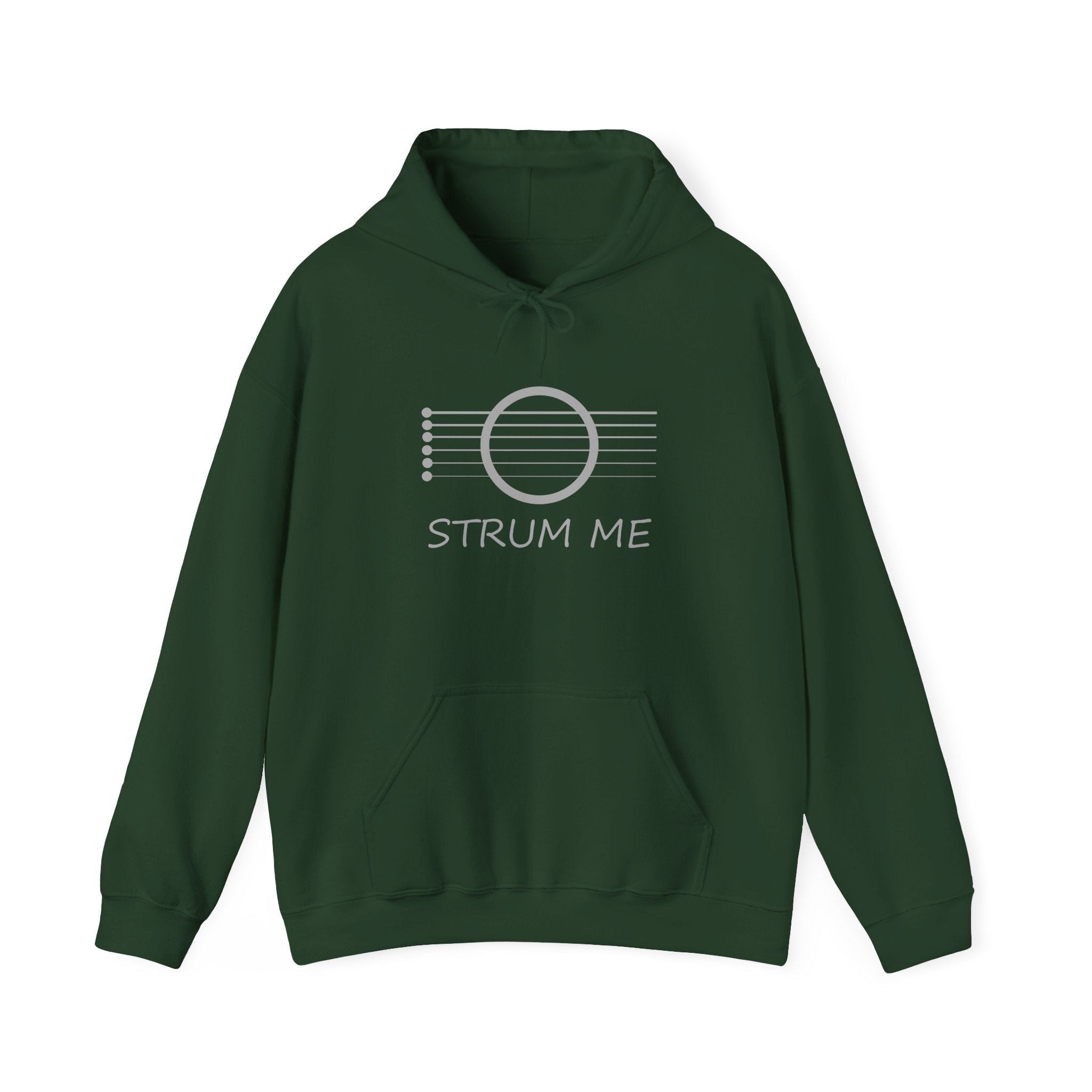 Forest green hoodie with 'Strum Me' graphic on a white background