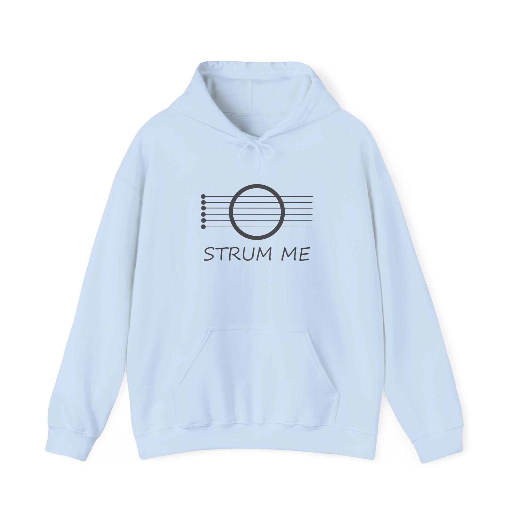 Light blue hoodie with 'STRUM ME' text and music note design on a white background