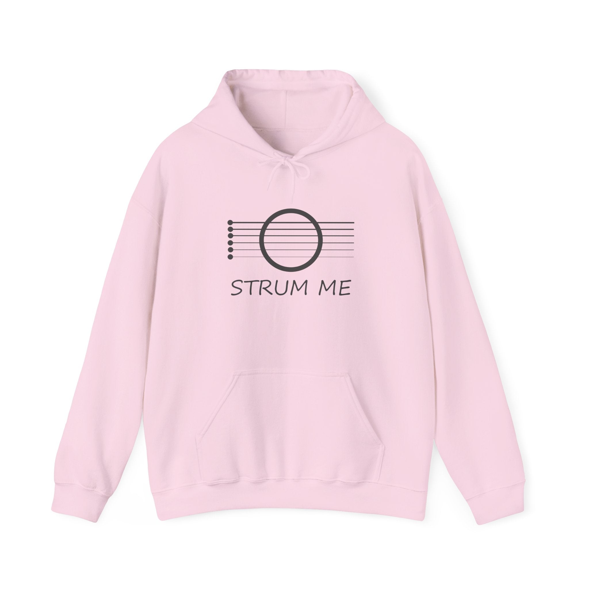 Pink hoodie with 'Strum Me' design on a white background