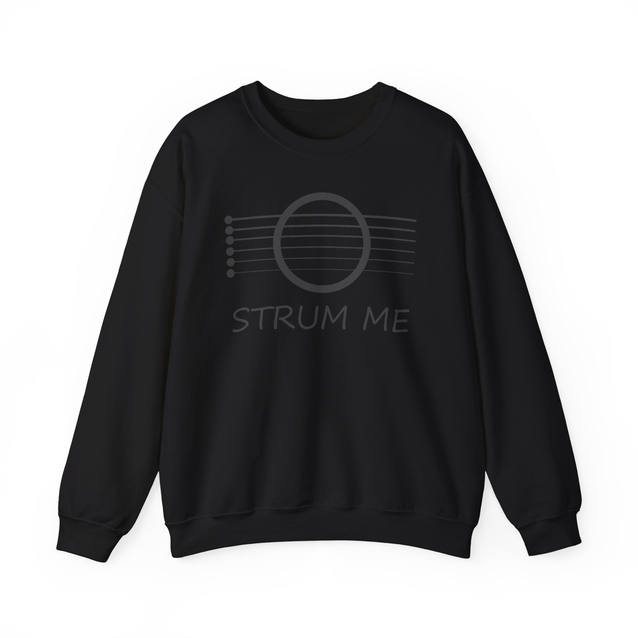 Black sweatshirt with 'STRUM ME' text and acoustic guitar string design on a white background