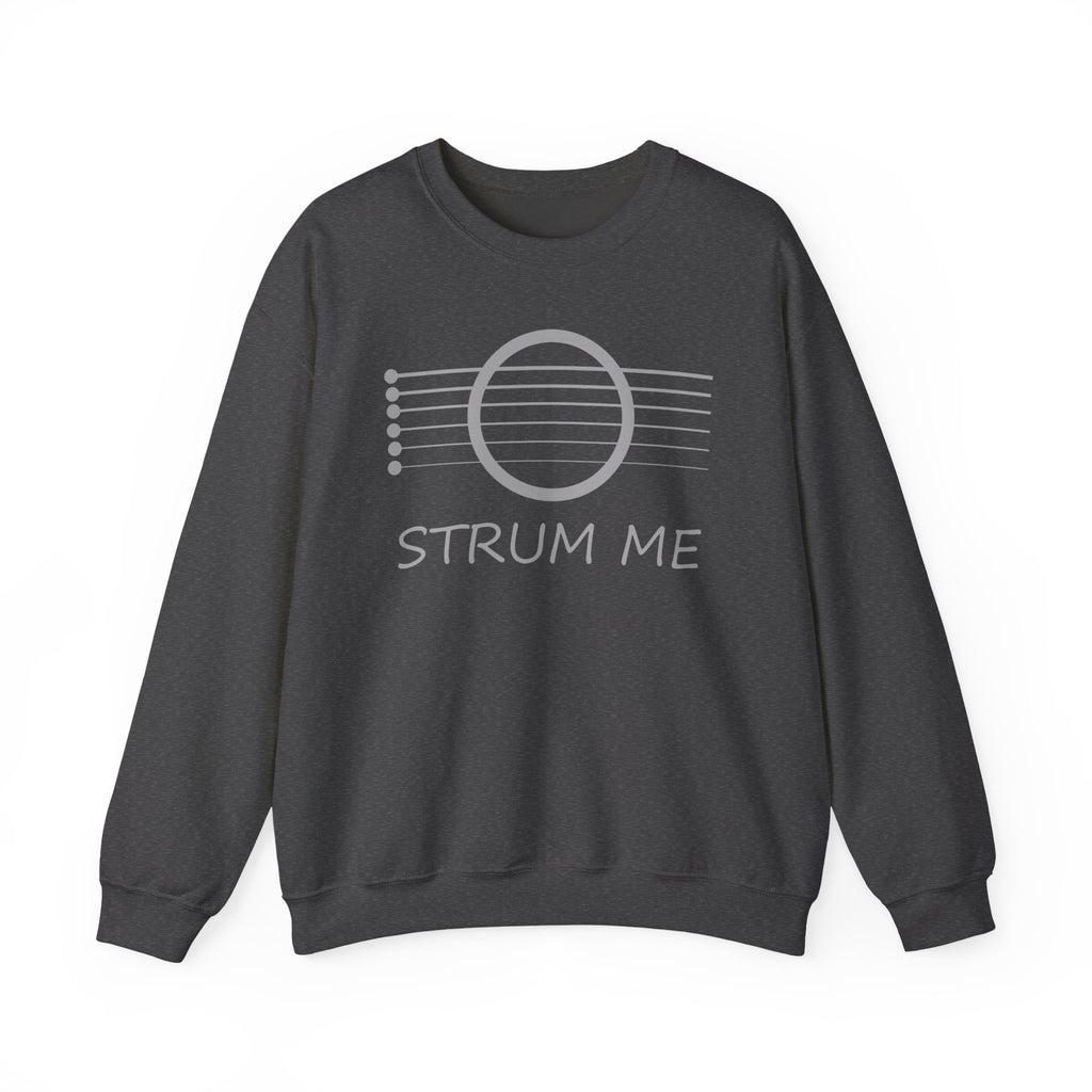 Dark heather sweatshirt with 'STRUM ME' text and acoustic guitar string design on a white background