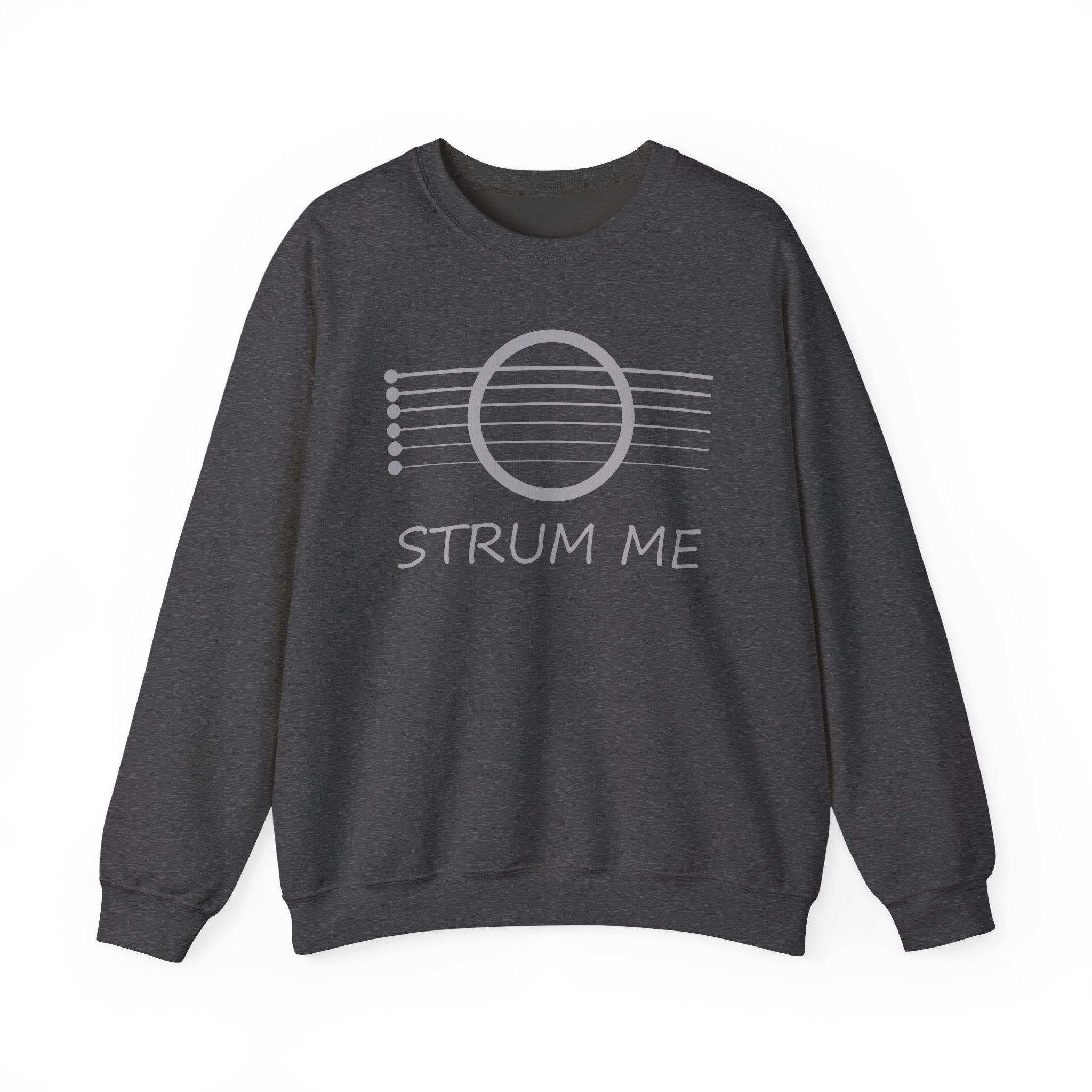 Dark heather sweatshirt with 'STRUM ME' text and acoustic guitar string design on a white background