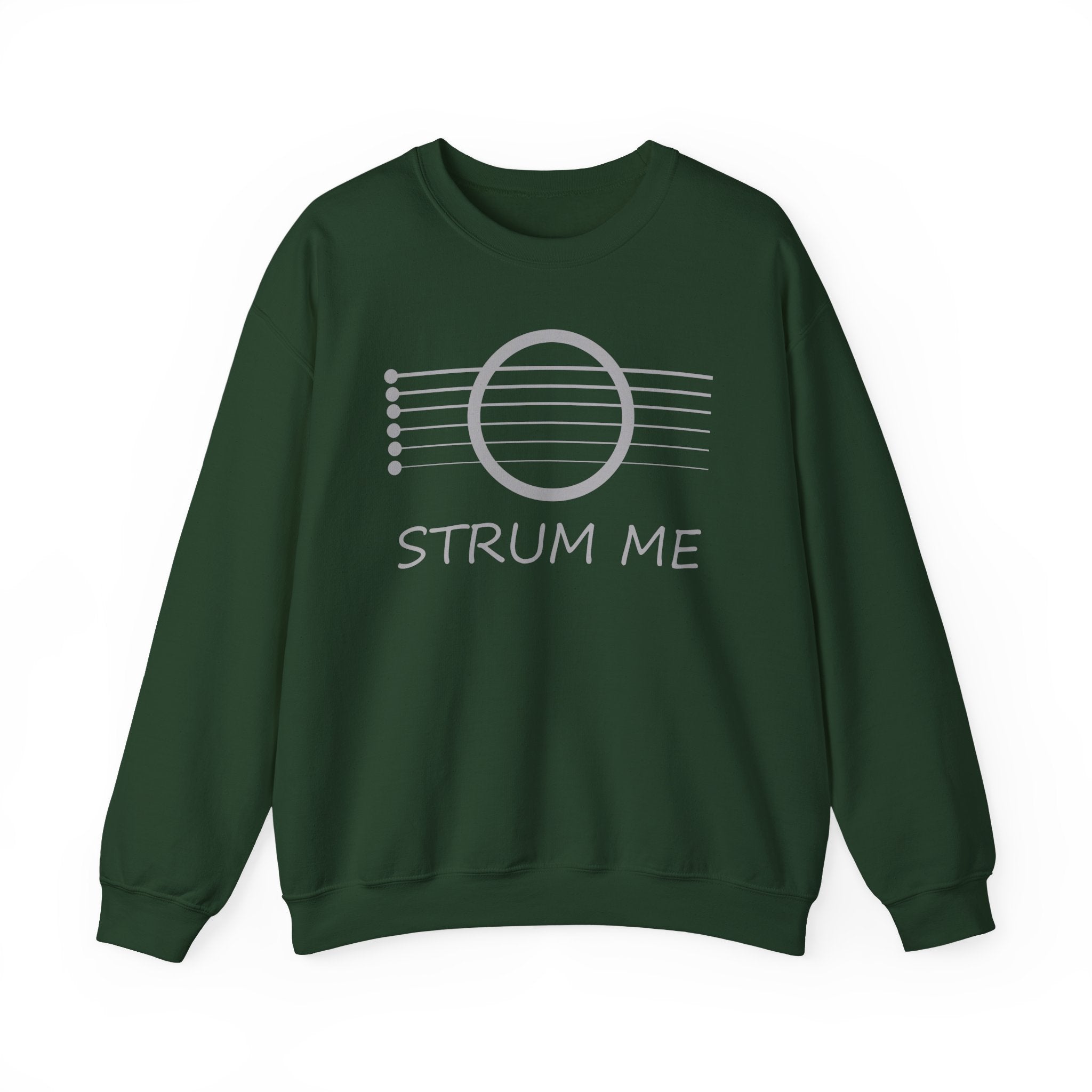 Forest Green sweatshirt with 'STRUM ME' text and acoustic guitar string design on a white background