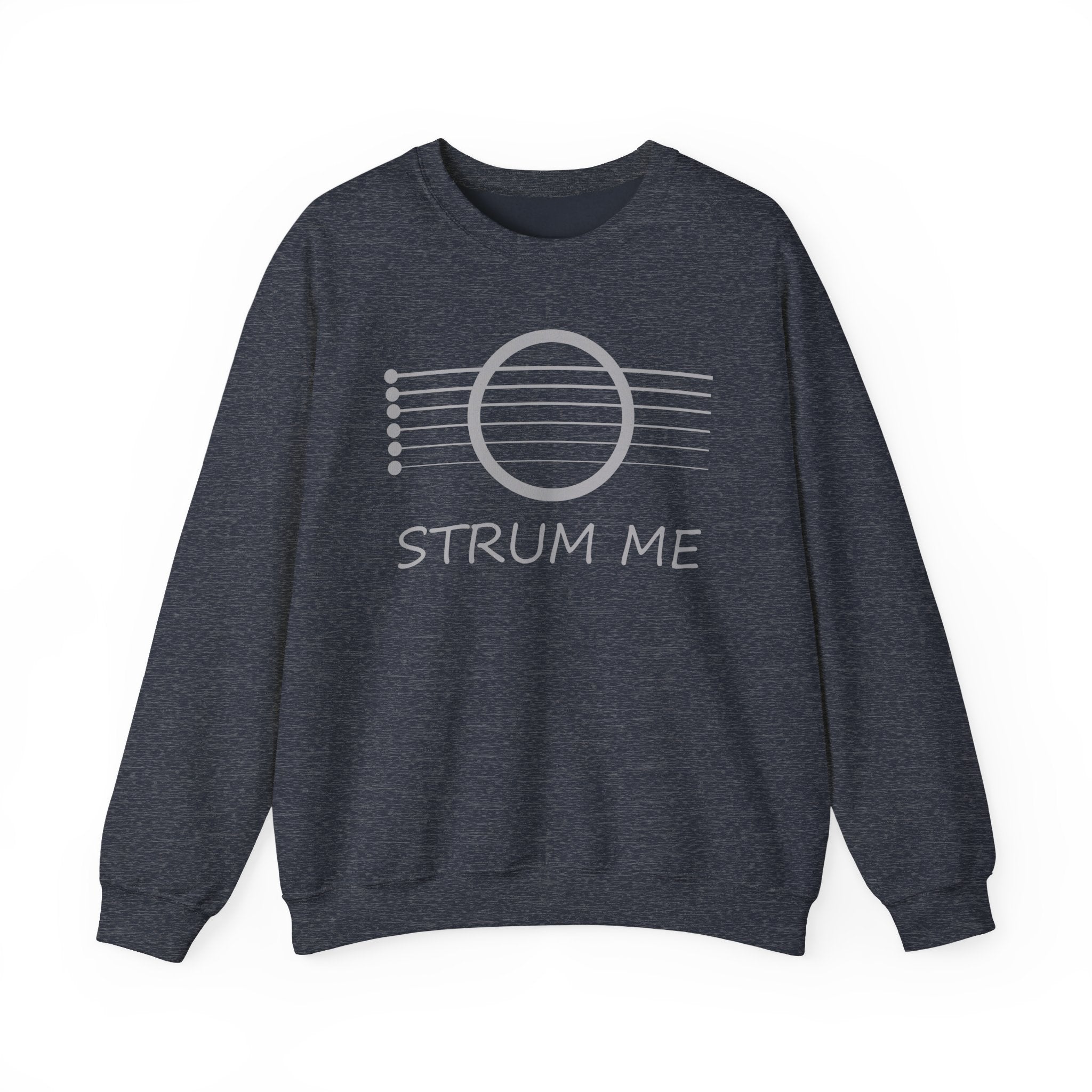 Heather sport dark navy sweatshirt with 'STRUM ME' text and acoustic guitar string design on a white background