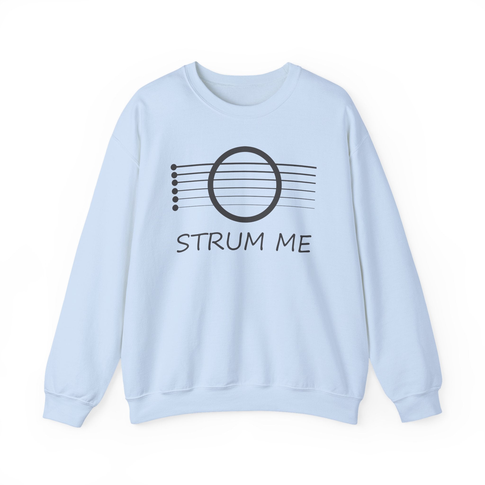 Light blue sweatshirt with 'STRUM ME' text and acoustic guitar string design on a white background