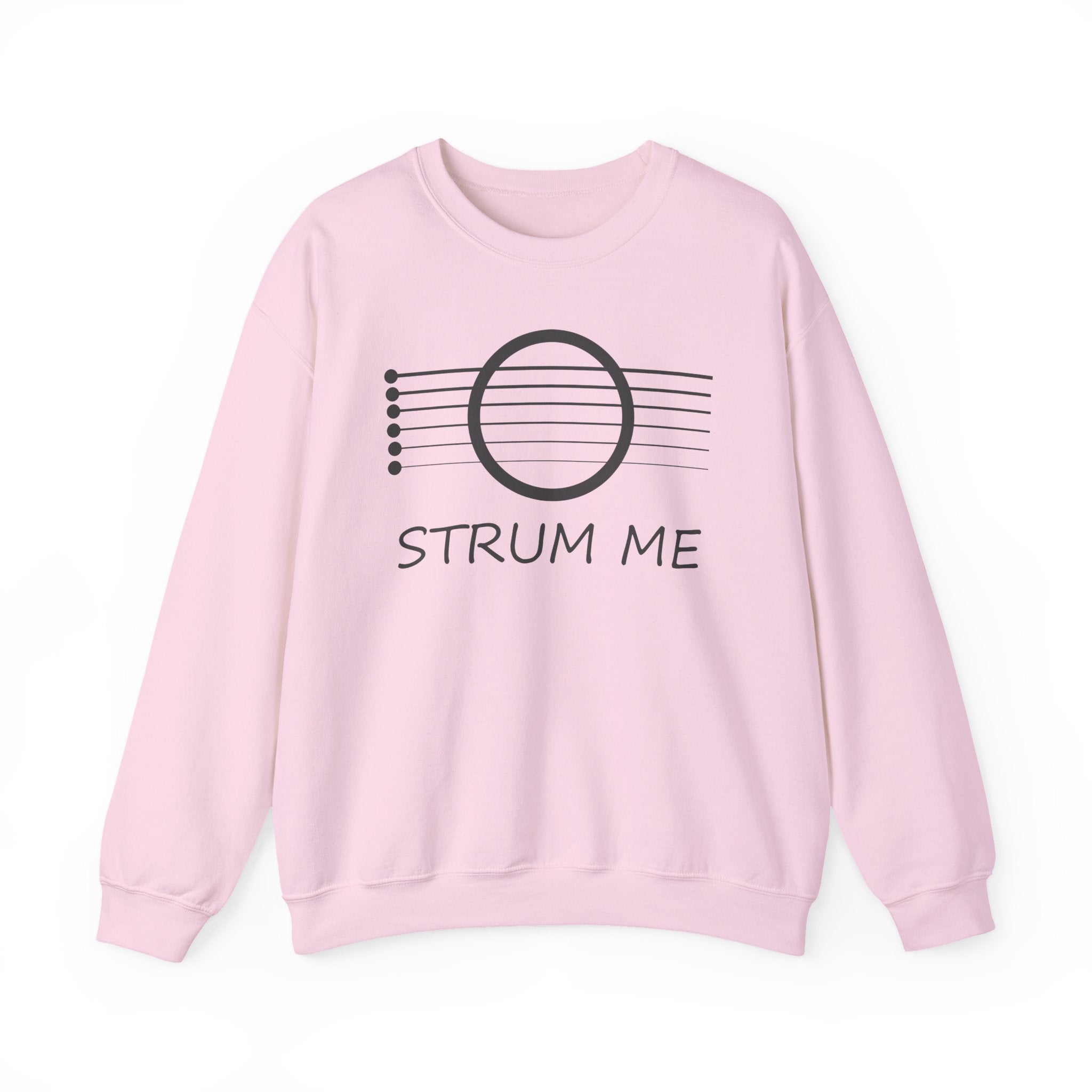 Light pink sweatshirt with 'STRUM ME' text and acoustic guitar string design on a white background