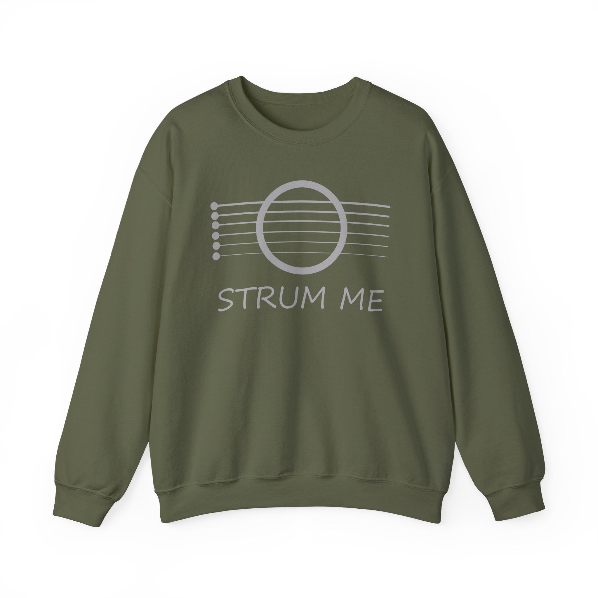 Military green sweatshirt with 'STRUM ME' text and acoustic guitar string design on a white background