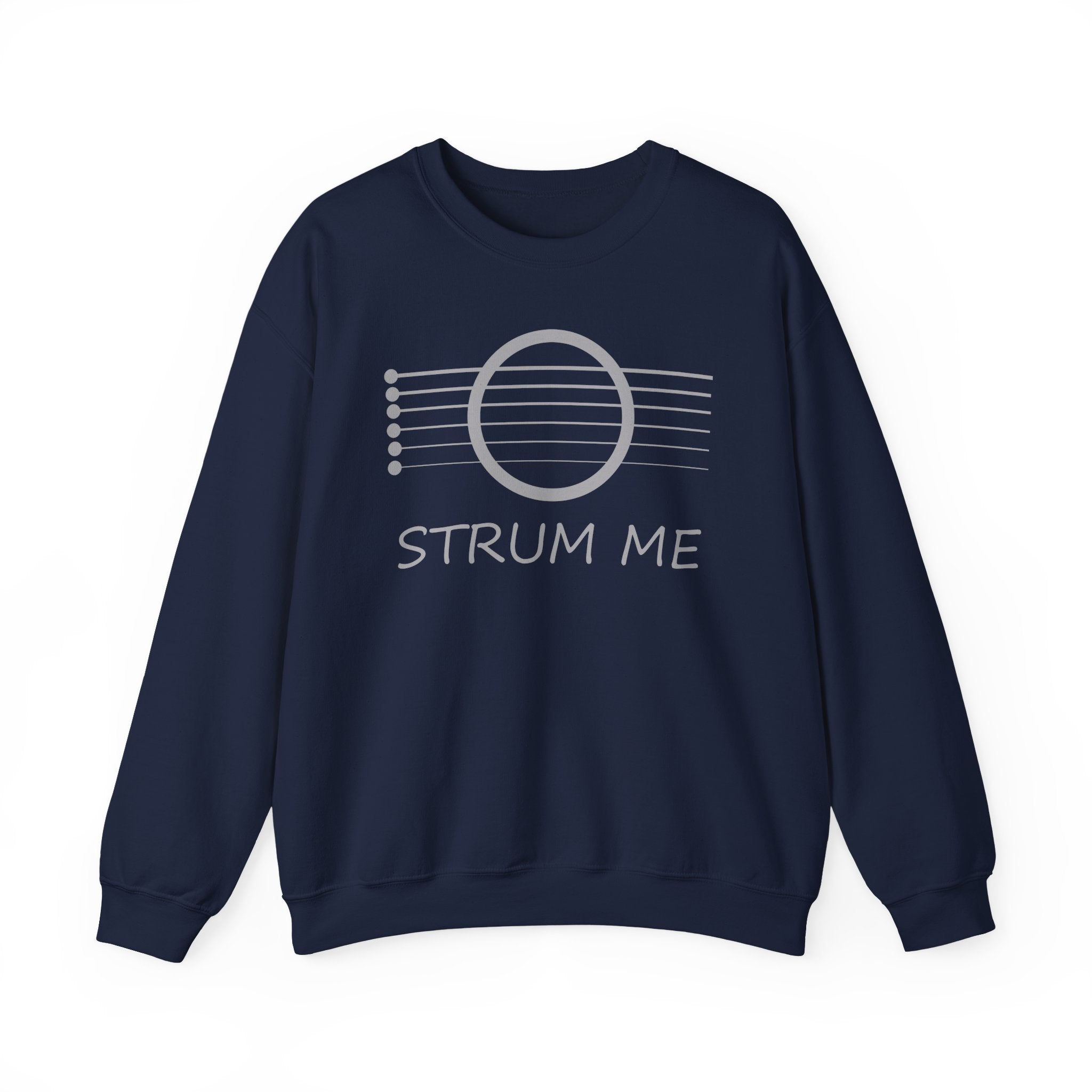 Navy blue sweatshirt with 'STRUM ME' text and acoustic guitar string design on a white background