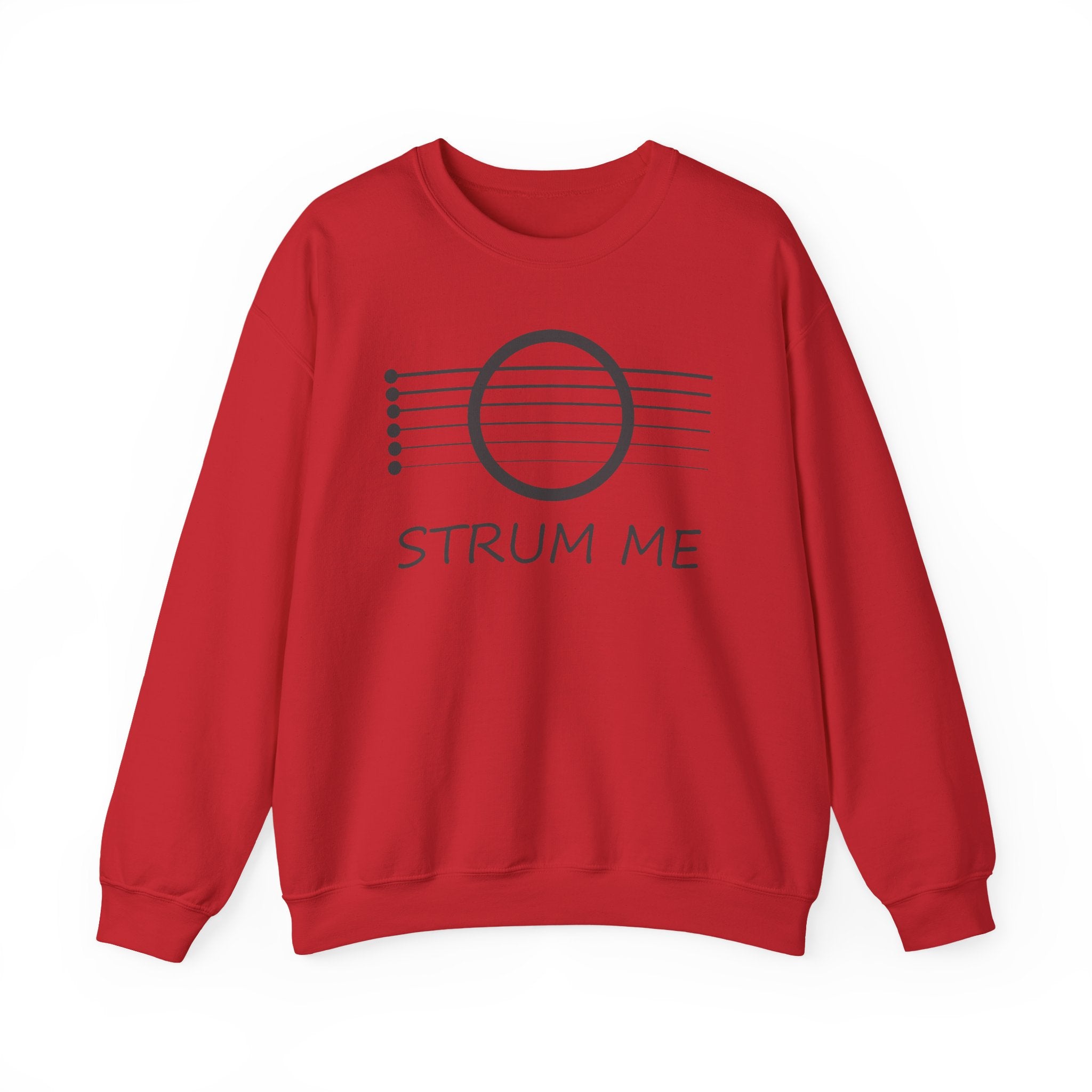 Red sweatshirt with 'STRUM ME' text and acoustic guitar string design on a white background