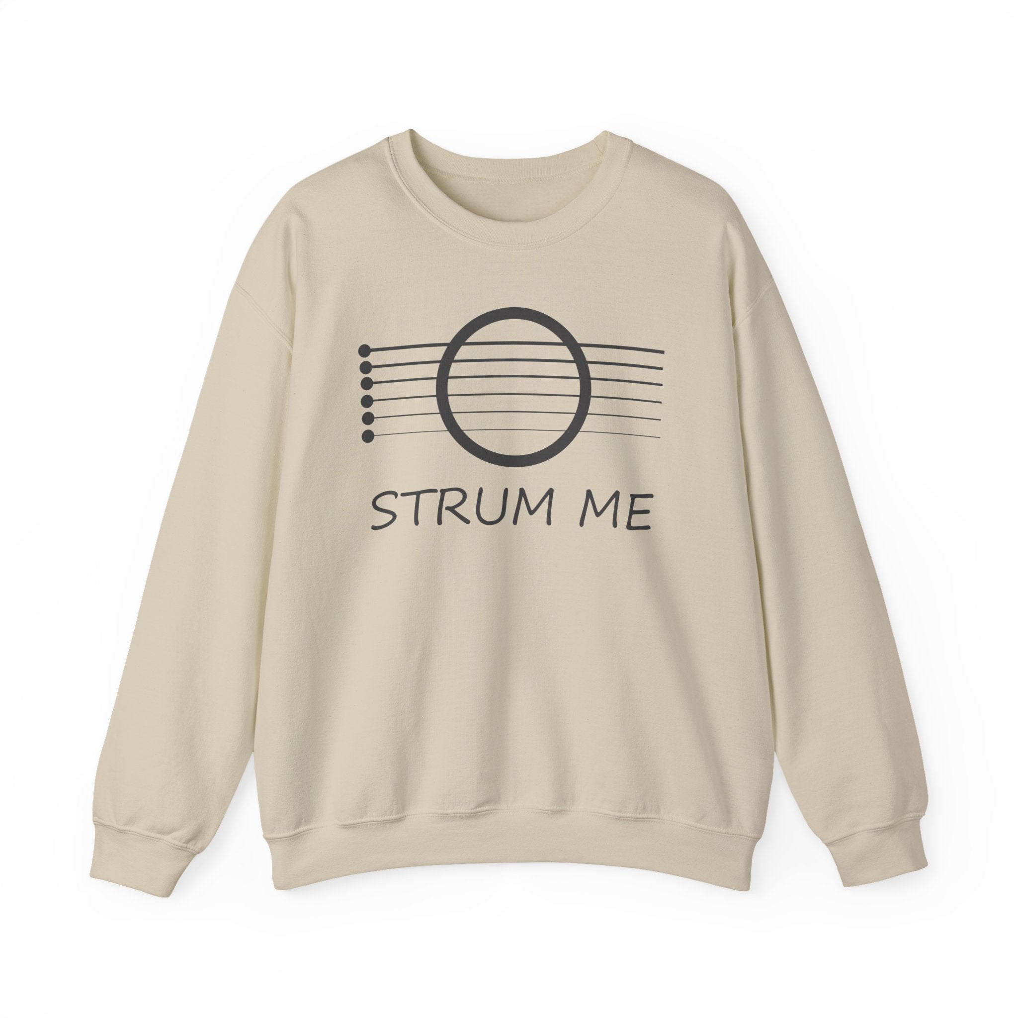 Beige sweatshirt with 'STRUM ME' text and acoustic guitar string design on a white background