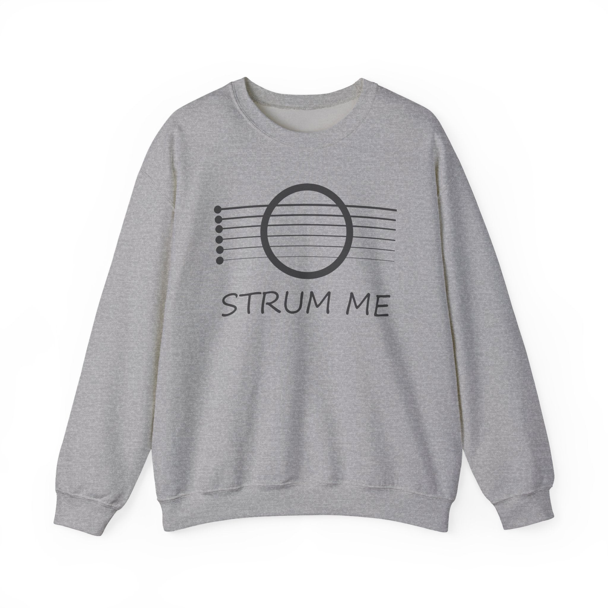 Gray sweatshirt with 'STRUM ME' text and acoustic guitar string design on a white background